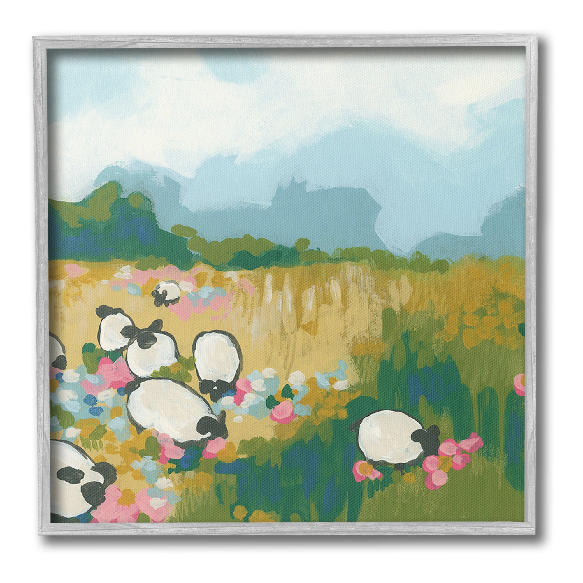Stupell Industries Abstract Sheep Grazing Landscape Painting Gray Framed Art Print Wall Art, 24 x 24