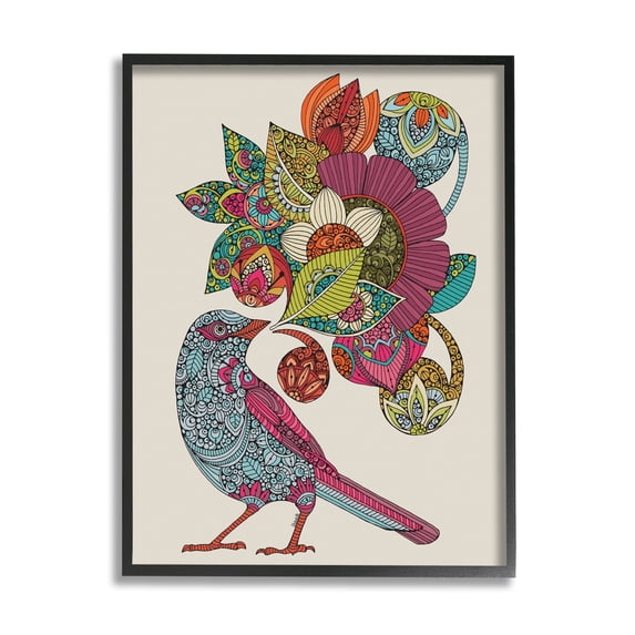 Stupell Industries Abstract Song Bird Paisley Pattern Floral Mandala Graphic Art Black Framed Art Print Wall Art, Design by Valentina Harper