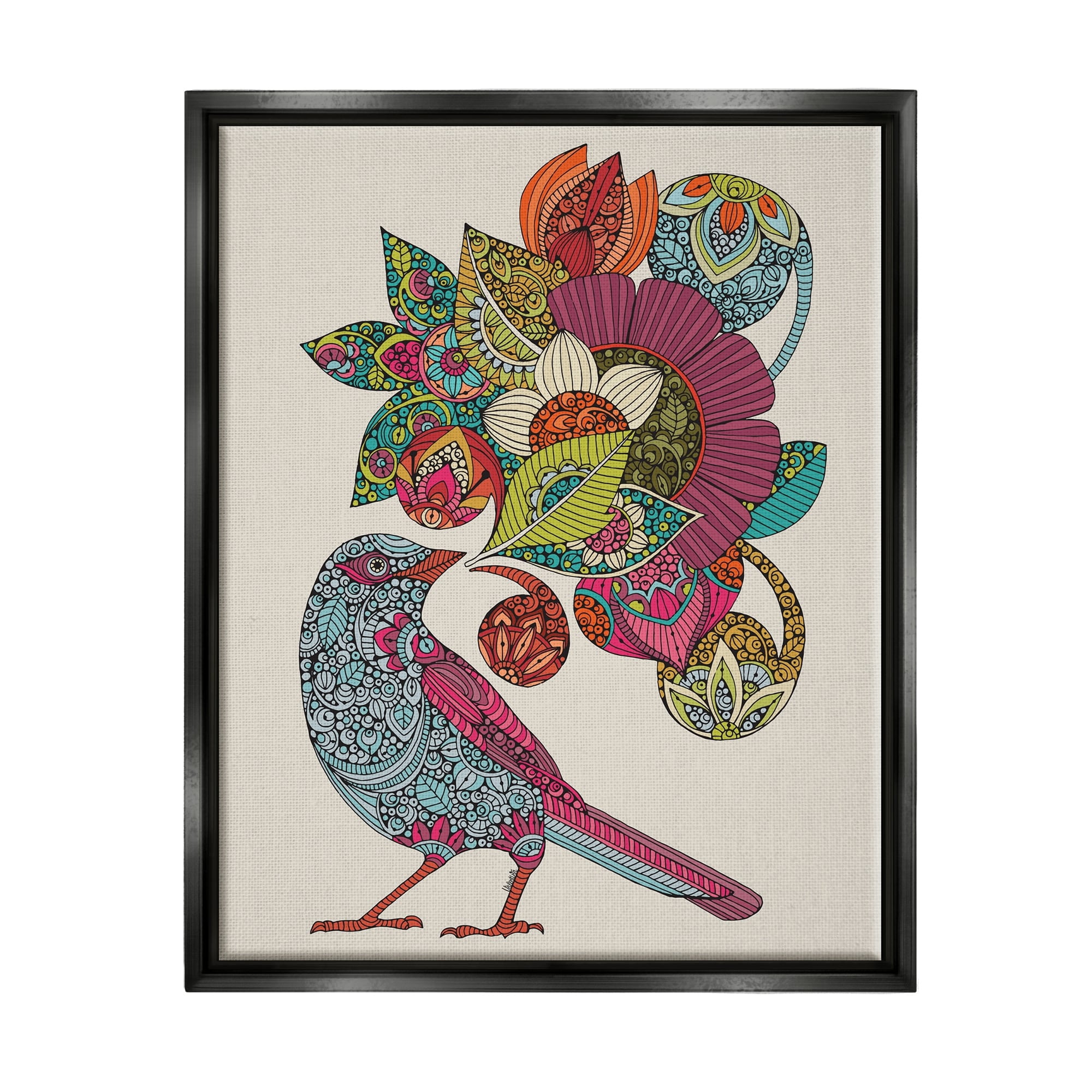 Stupell Industries Abstract Song Bird Paisley Pattern Floral Mandala Graphic Art Jet Black Floating Framed Canvas Print Wall Art, Design by Valentina Harper
