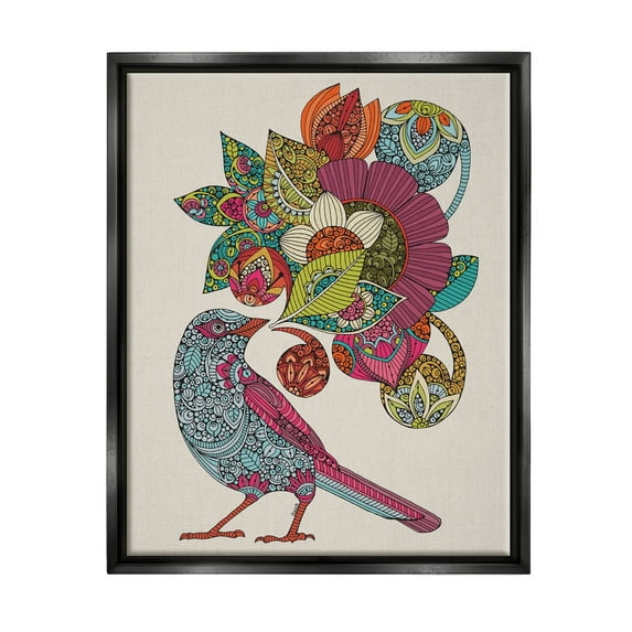 Stupell Industries Abstract Song Bird Paisley Pattern Floral Mandala Graphic Art Jet Black Floating Framed Canvas Print Wall Art, Design by Valentina Harper