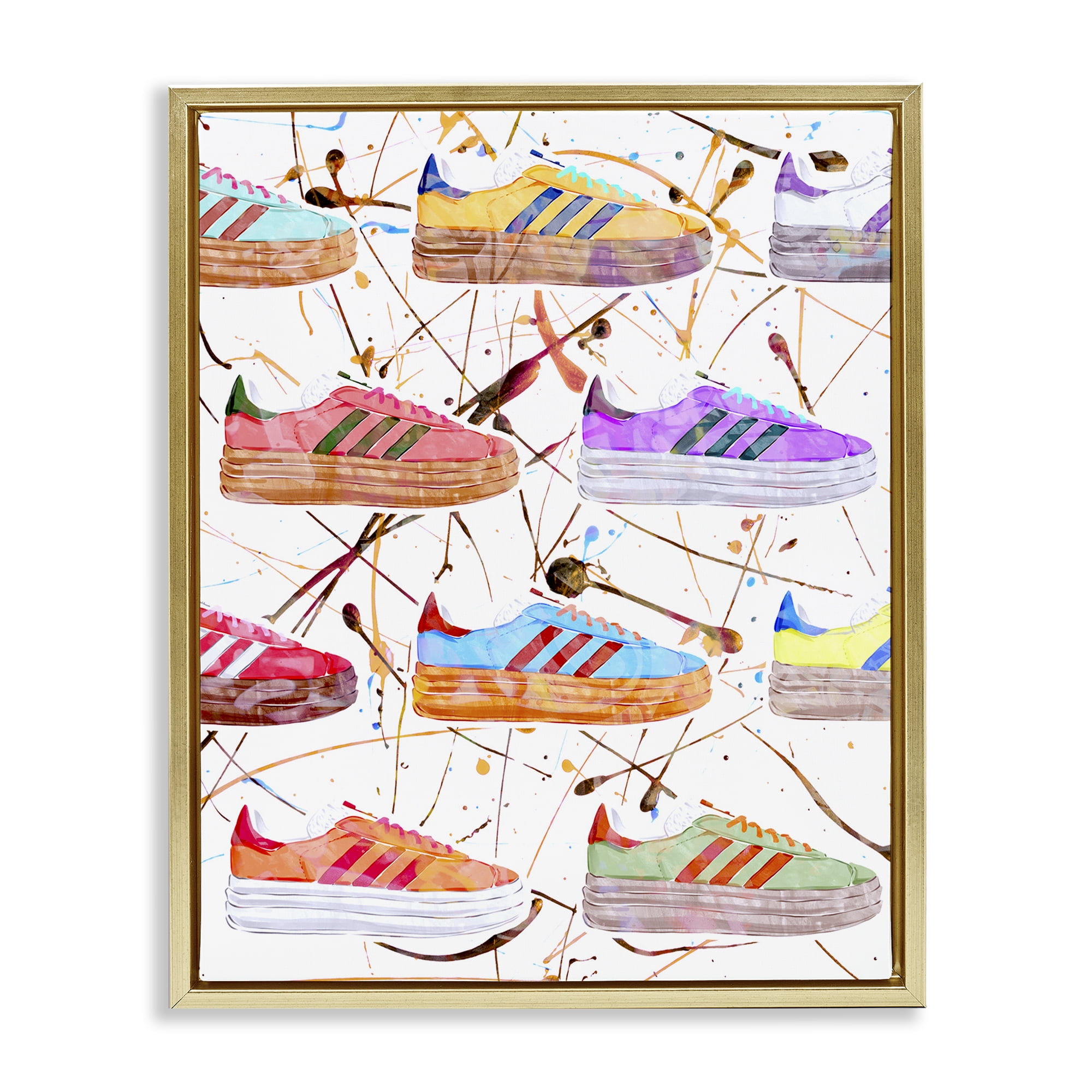 Stupell Industries Abstract Splatter Sneakers Beauty & Fashion Painting Gold Floater Framed Art Print Wall Art, 25 x 31