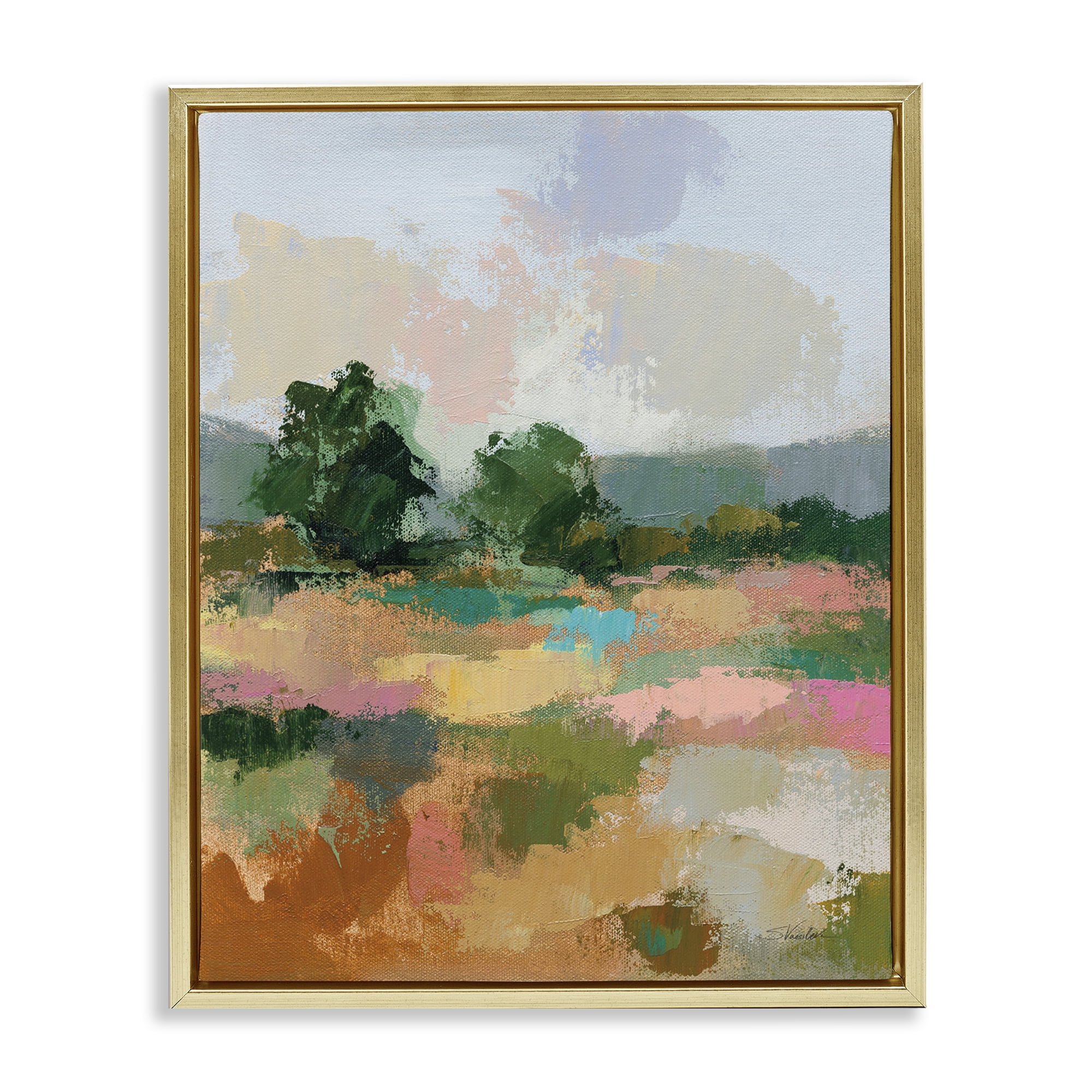 Stupell Industries Abstract Spring Landscape Landscape Painting Gold Floater Framed Art Print Wall Art, 17 x 21