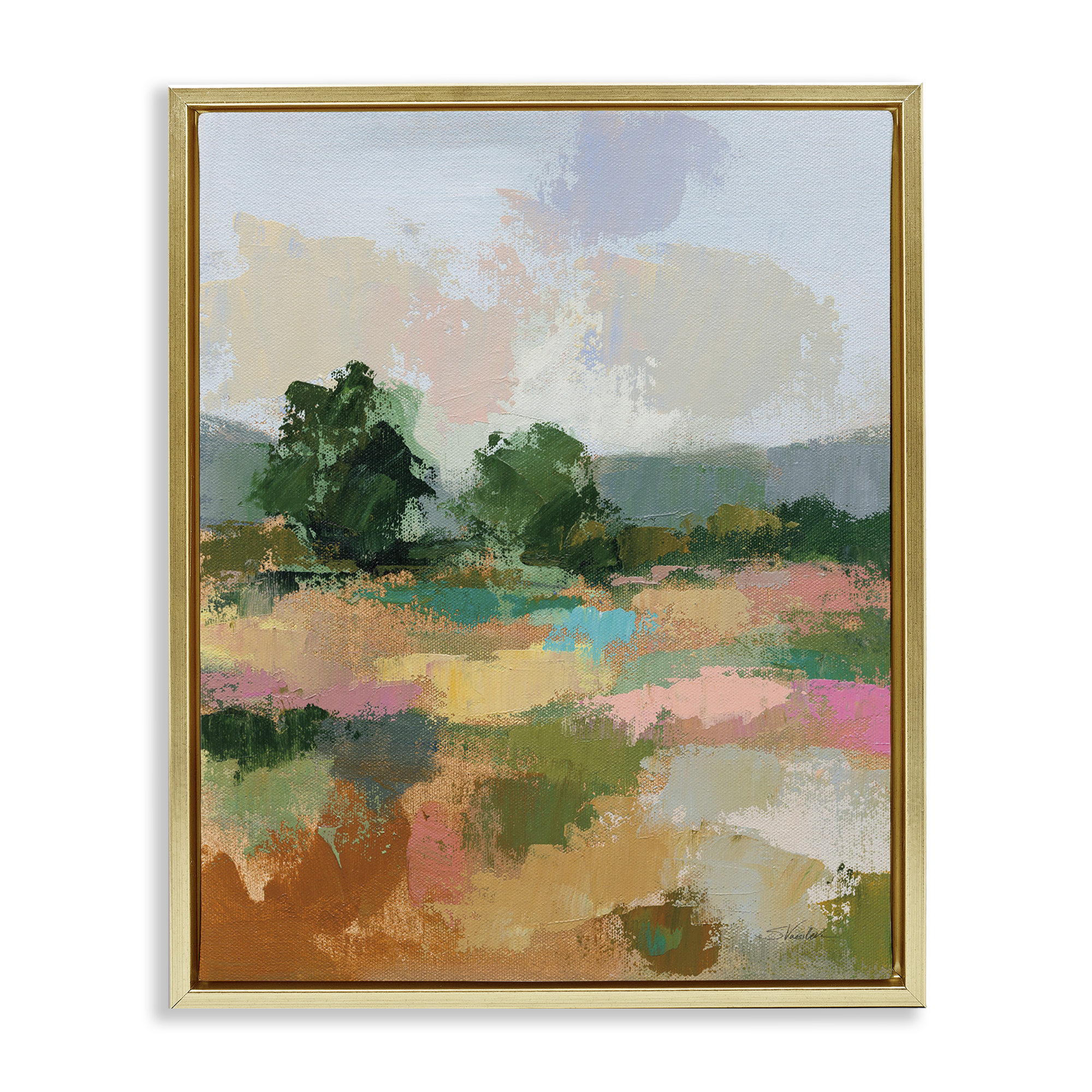 Stupell Industries Abstract Spring Landscape Landscape Painting Gold Floater Framed Art Print Wall Art, 25 x 31