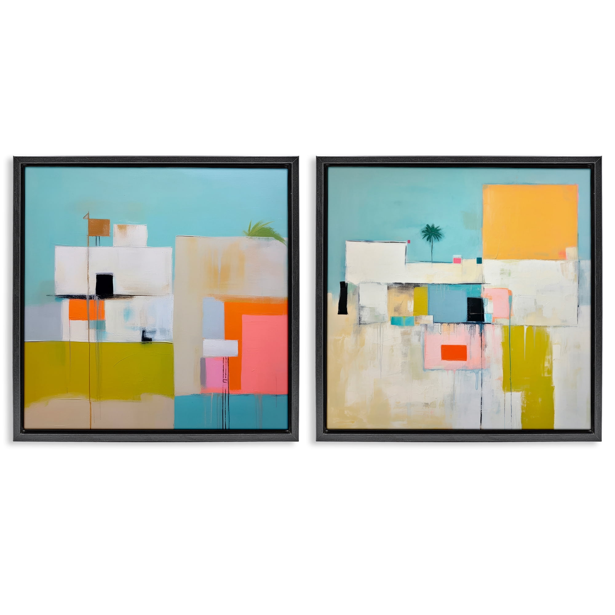 Stupell Industries Abstract Square Block Apartment Buildings & Architecture Painting Black Floater Framed Canvas Art Print Wall Art, 25 x 25, Set of 2