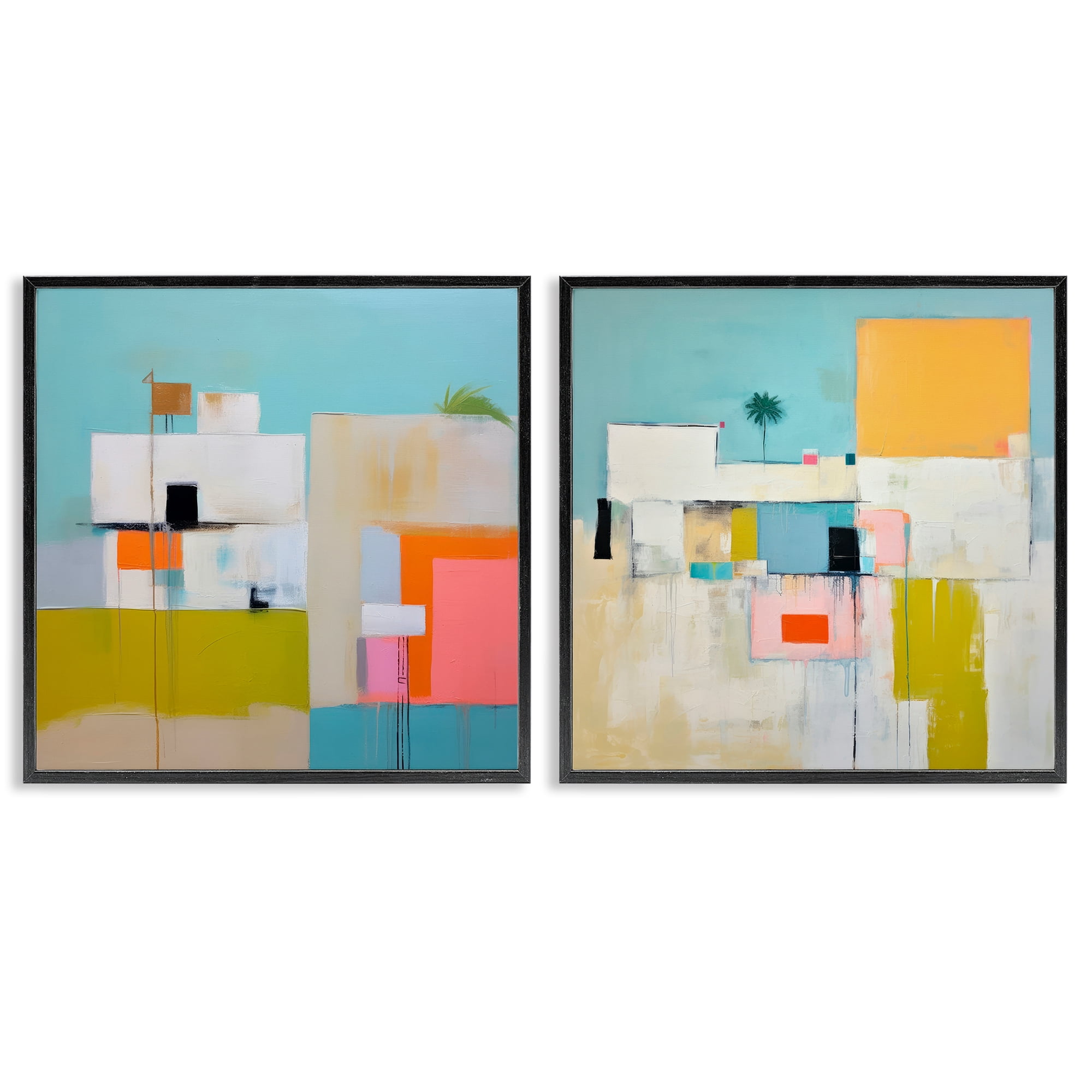 Stupell Industries Abstract Square Block Apartment Buildings & Architecture Painting Black Framed Art Print Wall Art, 24 x 24, Set of 2