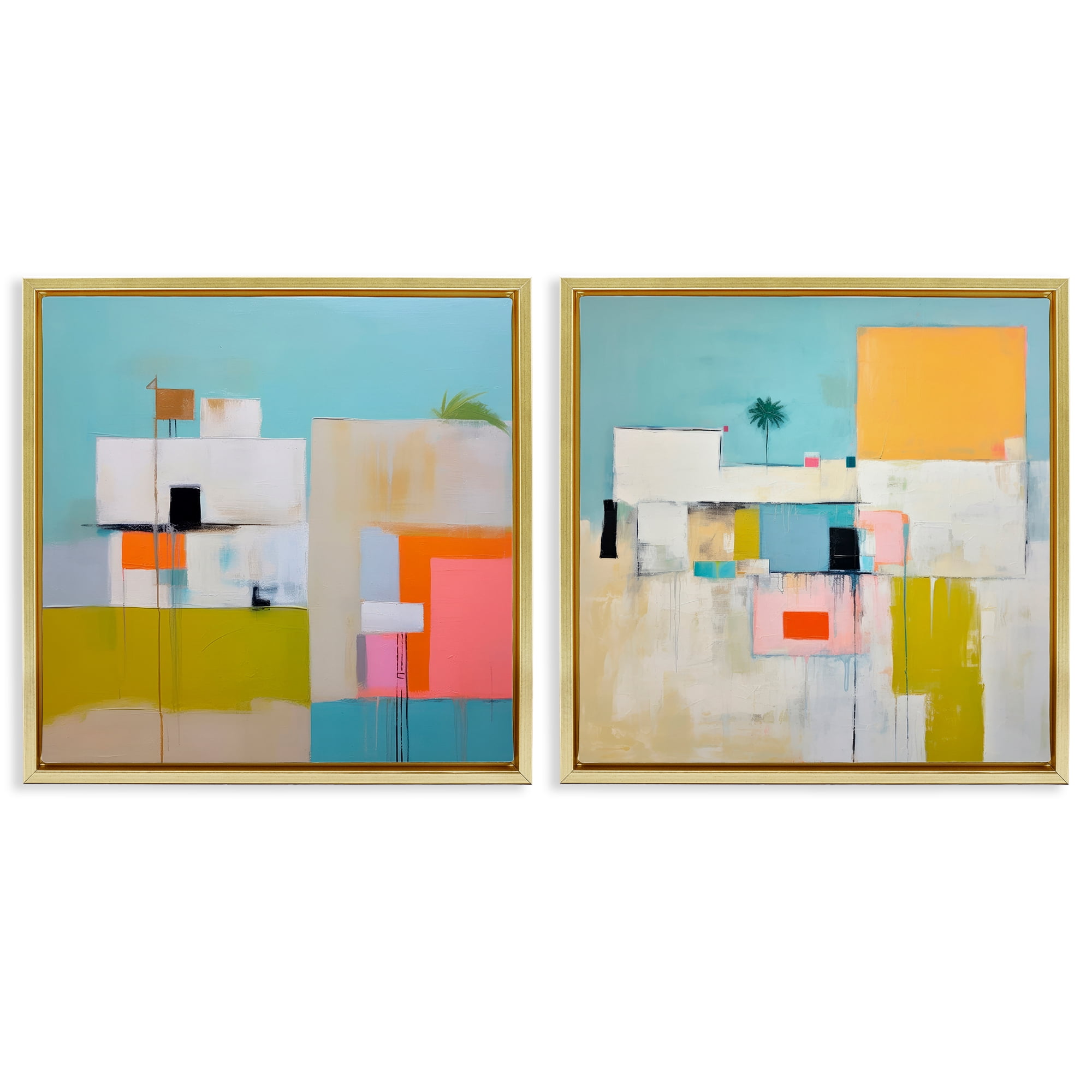 Stupell Industries Abstract Square Block Apartment Buildings & Architecture Painting Gold Floater Framed Canvas Art Print Wall Art, 18 x 18, Set of 2