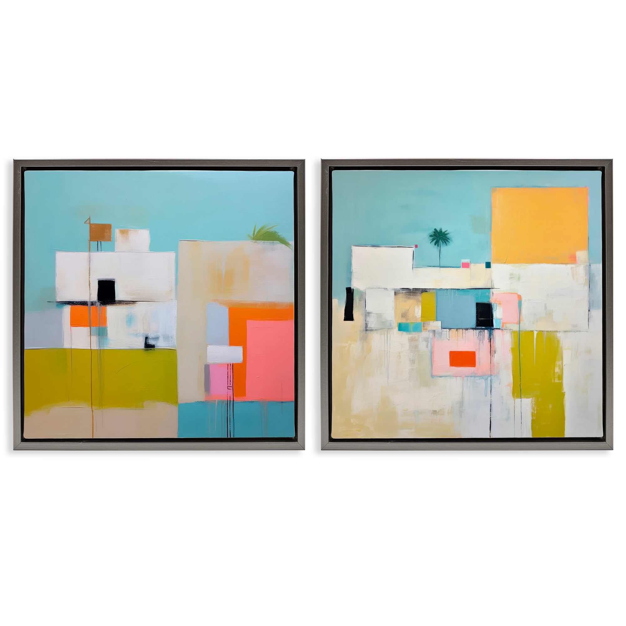 Stupell Industries Abstract Square Block Apartment Buildings & Architecture Painting Gray Floater Framed Canvas Art Print Wall Art, 25 x 25, Set of 2