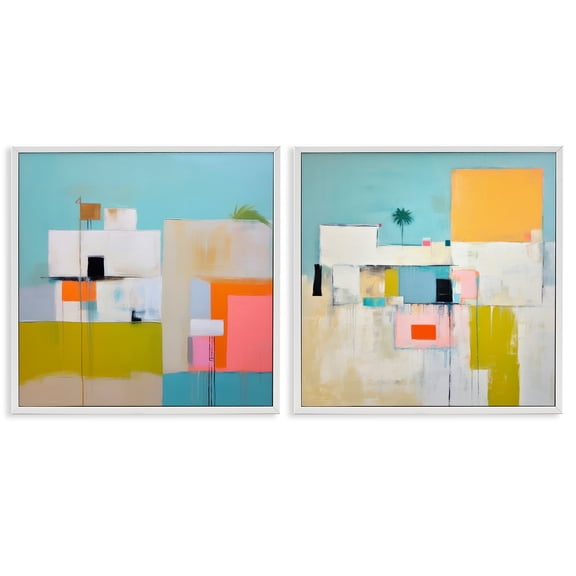 Stupell Industries Abstract Square Block Apartment Buildings & Architecture Painting White Framed Art Print Wall Art, 24 x 24, Set of 2