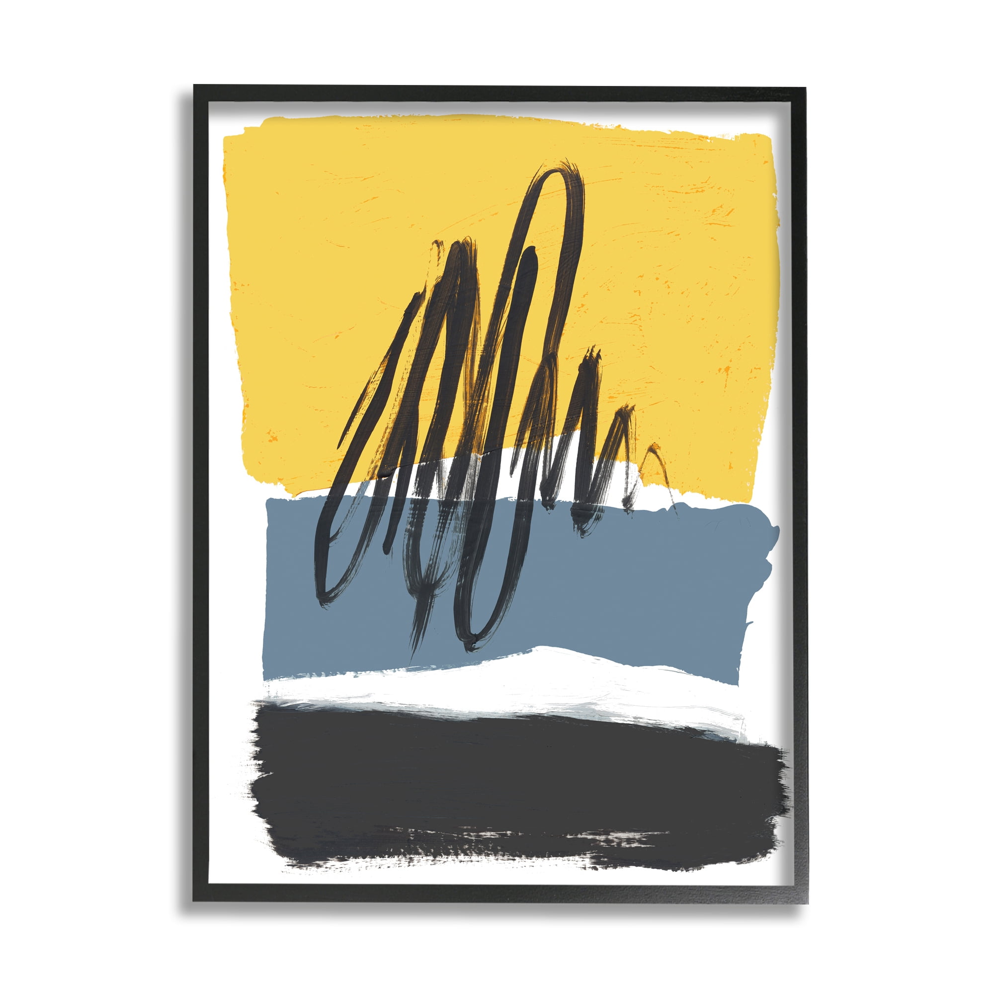Stupell Industries Abstract Squiggle Over Vibrant Shapes Yellow Blue Abstract Painting Black Framed Art Print Wall Art, 24 x 30