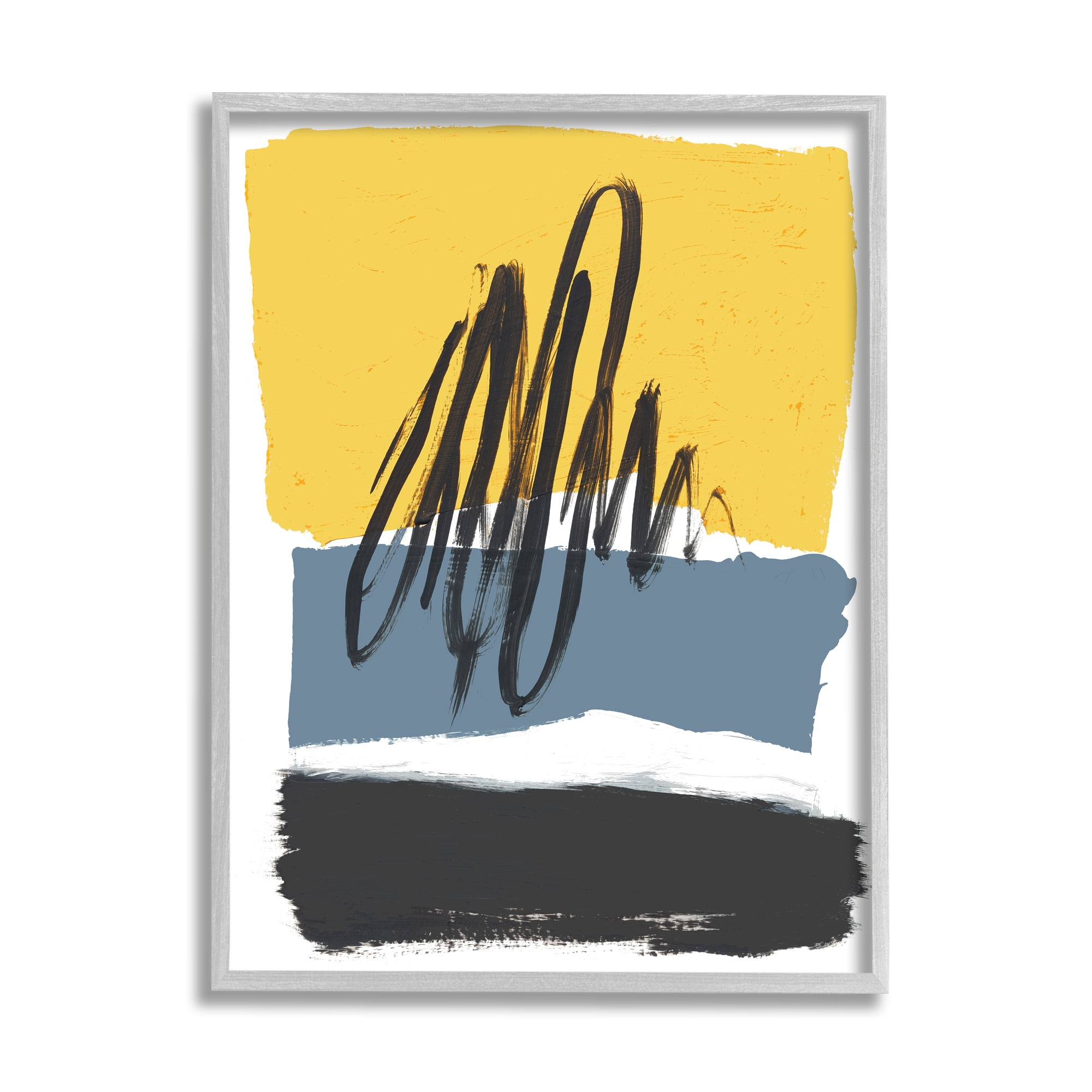 Stupell Industries Abstract Squiggle Over Vibrant Shapes Yellow Blue Abstract Painting Gray Framed Art Print Wall Art, 16 x 20