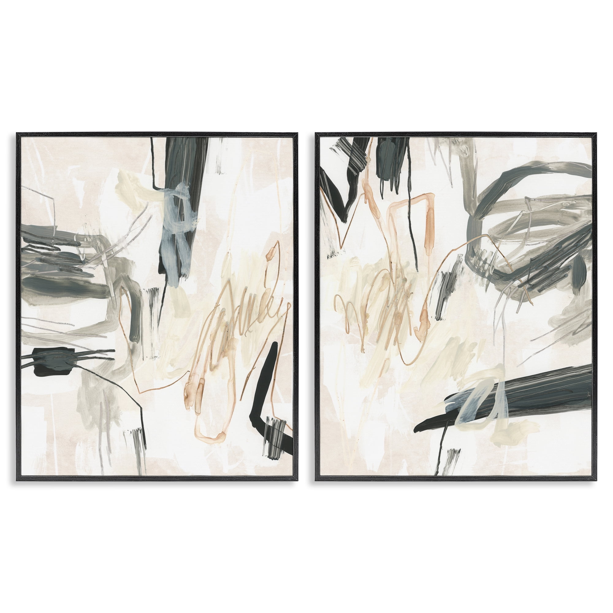 Stupell Industries Abstract Squiggly Beige Lines Abstract Painting Black Framed Art Print Wall Art, 11 x 14, Set of 2
