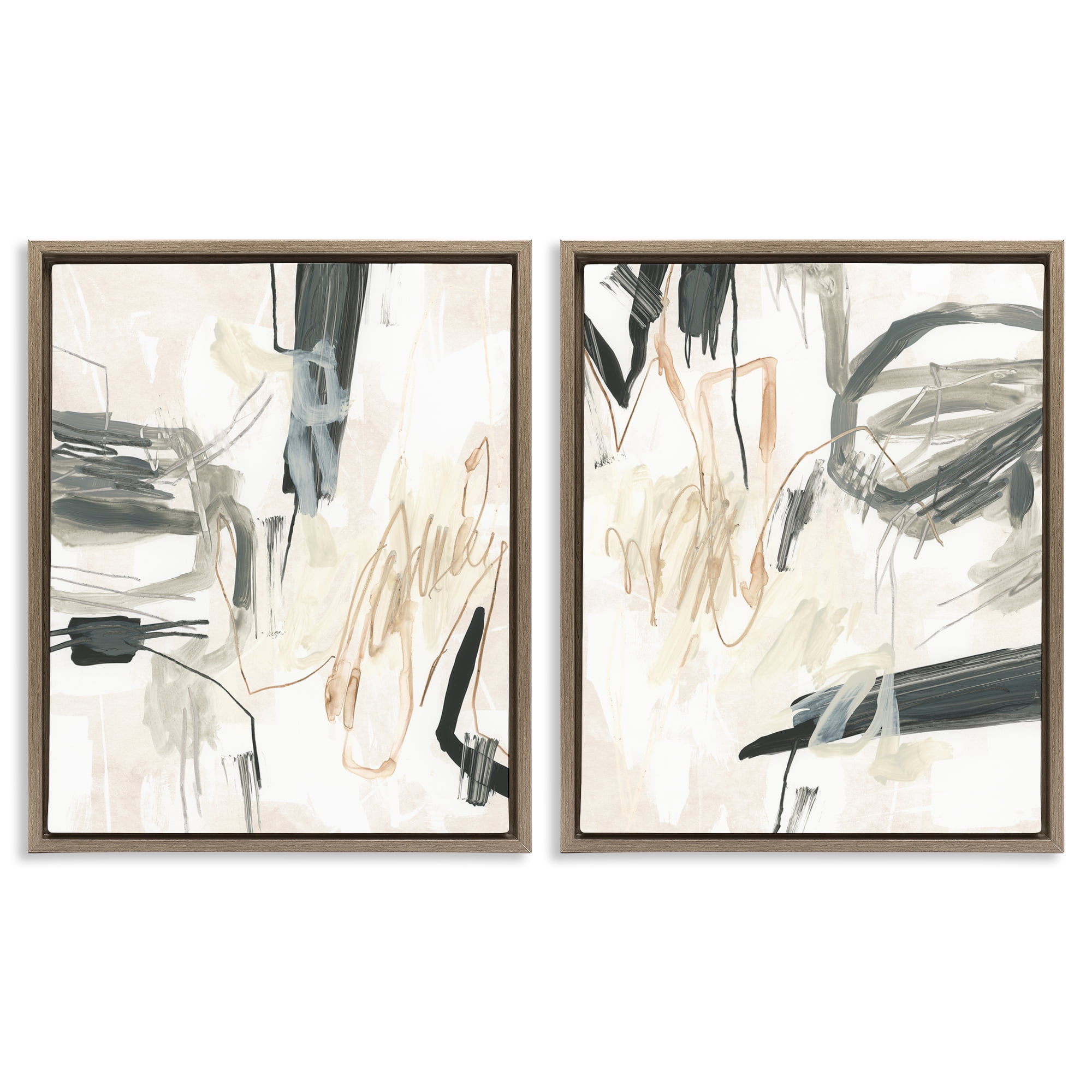Stupell Industries Abstract Squiggly Beige Lines Abstract Painting Brown Floater Framed Canvas Art Print Wall Art, 17 x 21, Set of 2