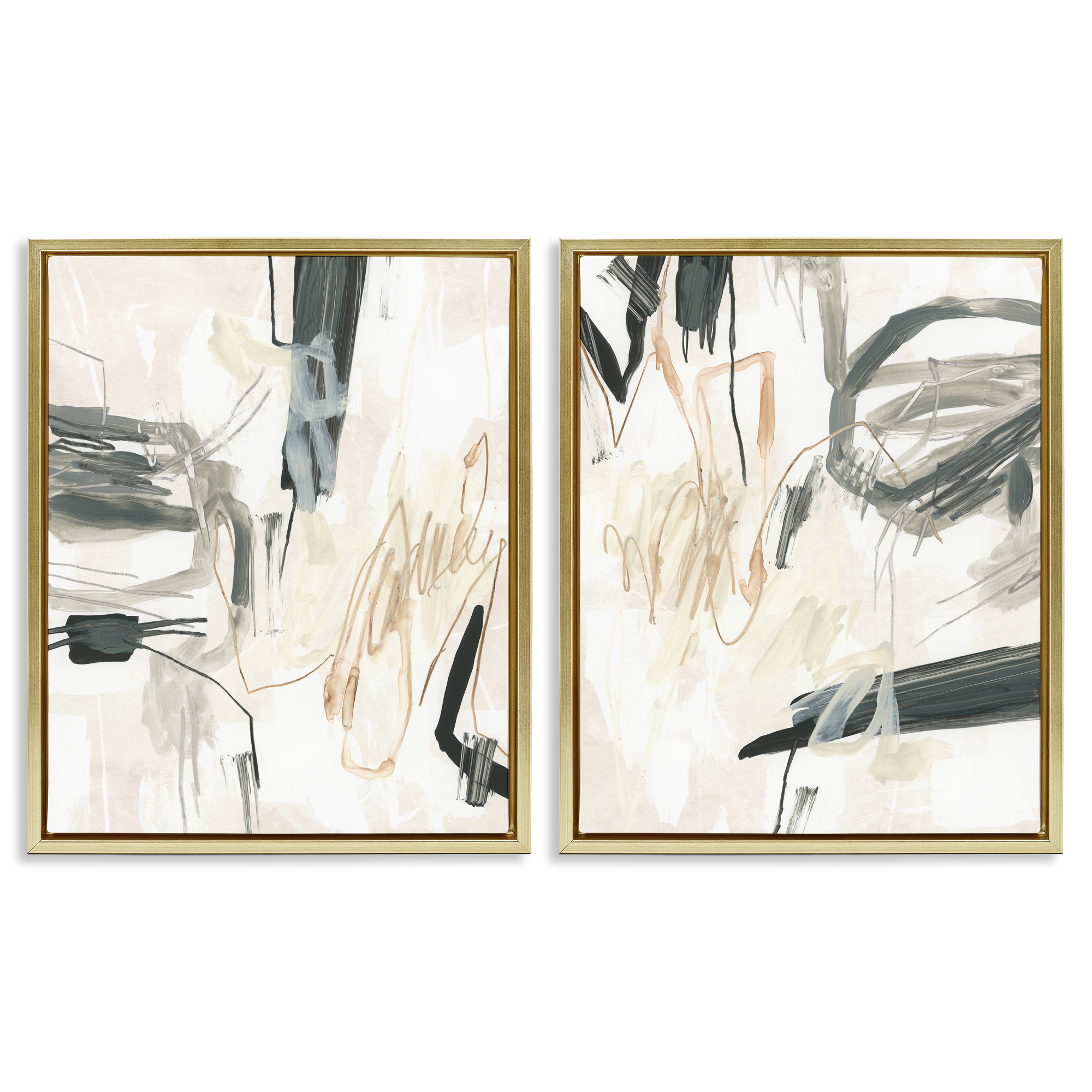 Stupell Industries Abstract Squiggly Beige Lines Abstract Painting Gold Floater Framed Canvas Art Print Wall Art, 31 x 25, Set of 2