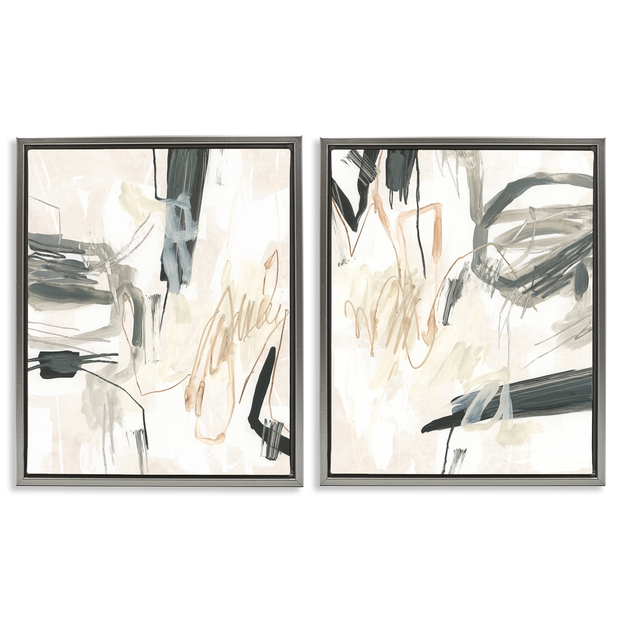 Stupell Industries Abstract Squiggly Beige Lines Abstract Painting Gray Floater Framed Canvas Art Print Wall Art, 17 x 21, Set of 2
