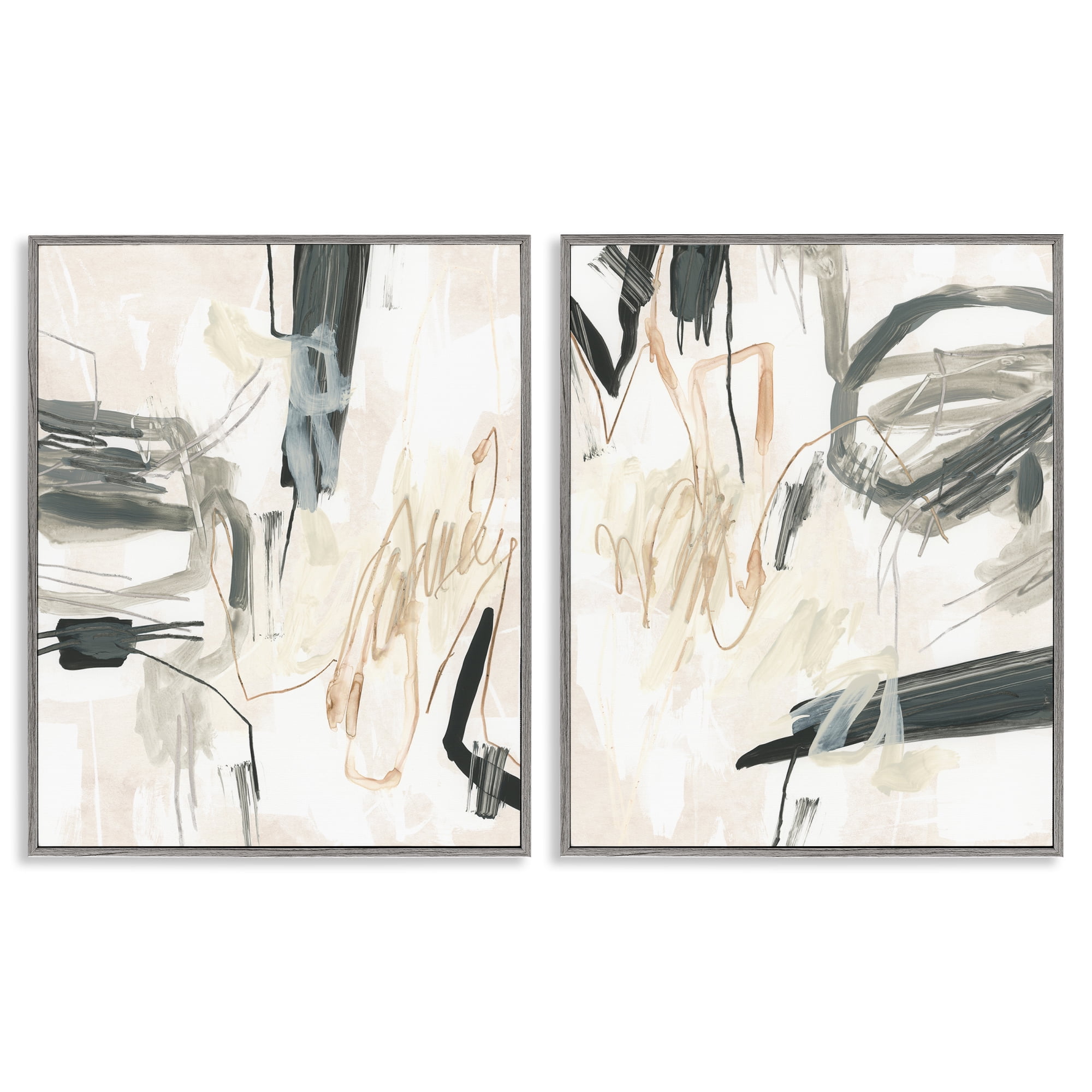 Stupell Industries Abstract Squiggly Beige Lines Abstract Painting Gray Framed Art Print Wall Art, 16 x 20, Set of 2