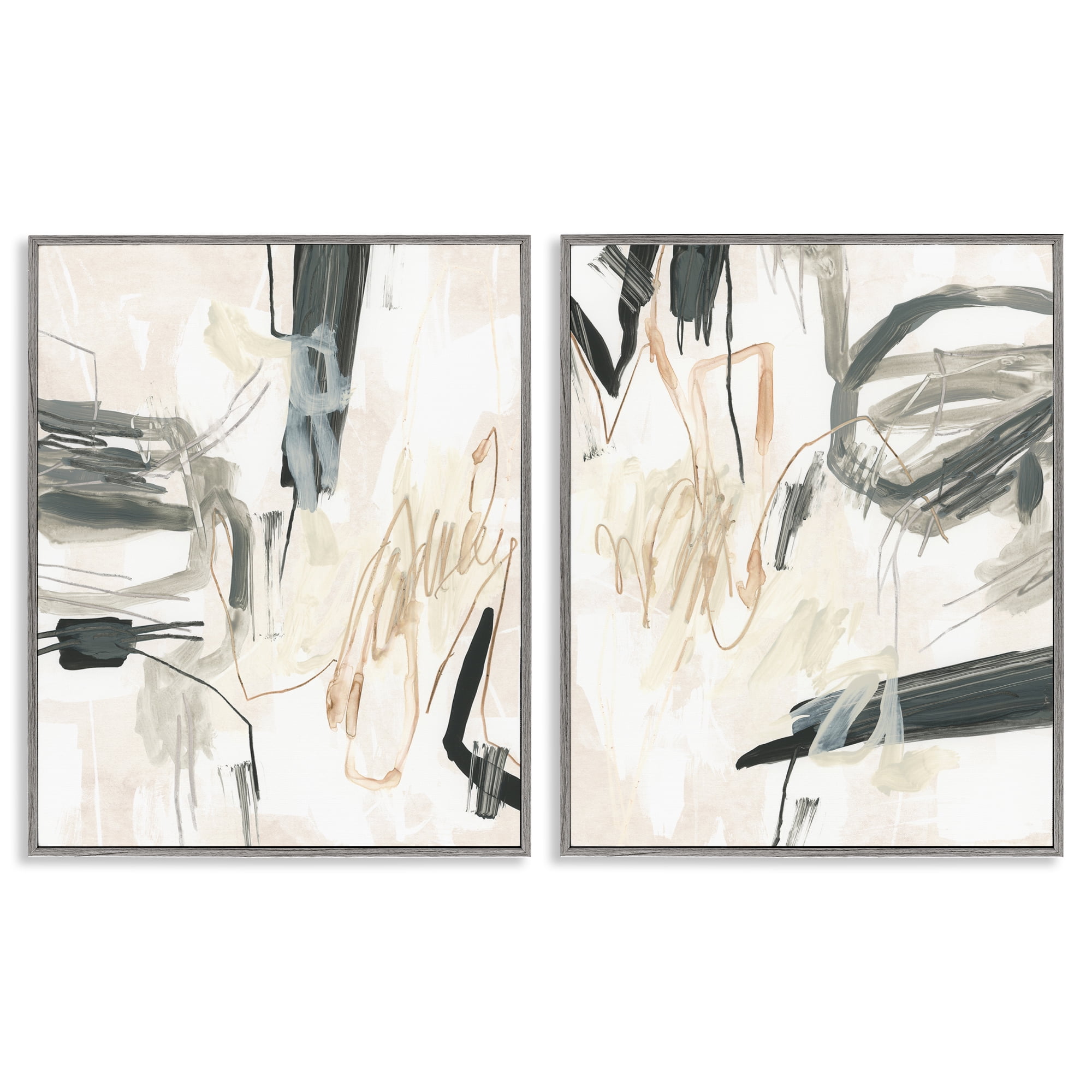Stupell Industries Abstract Squiggly Beige Lines Abstract Painting Gray Framed Art Print Wall Art, 24 x 30, Set of 2