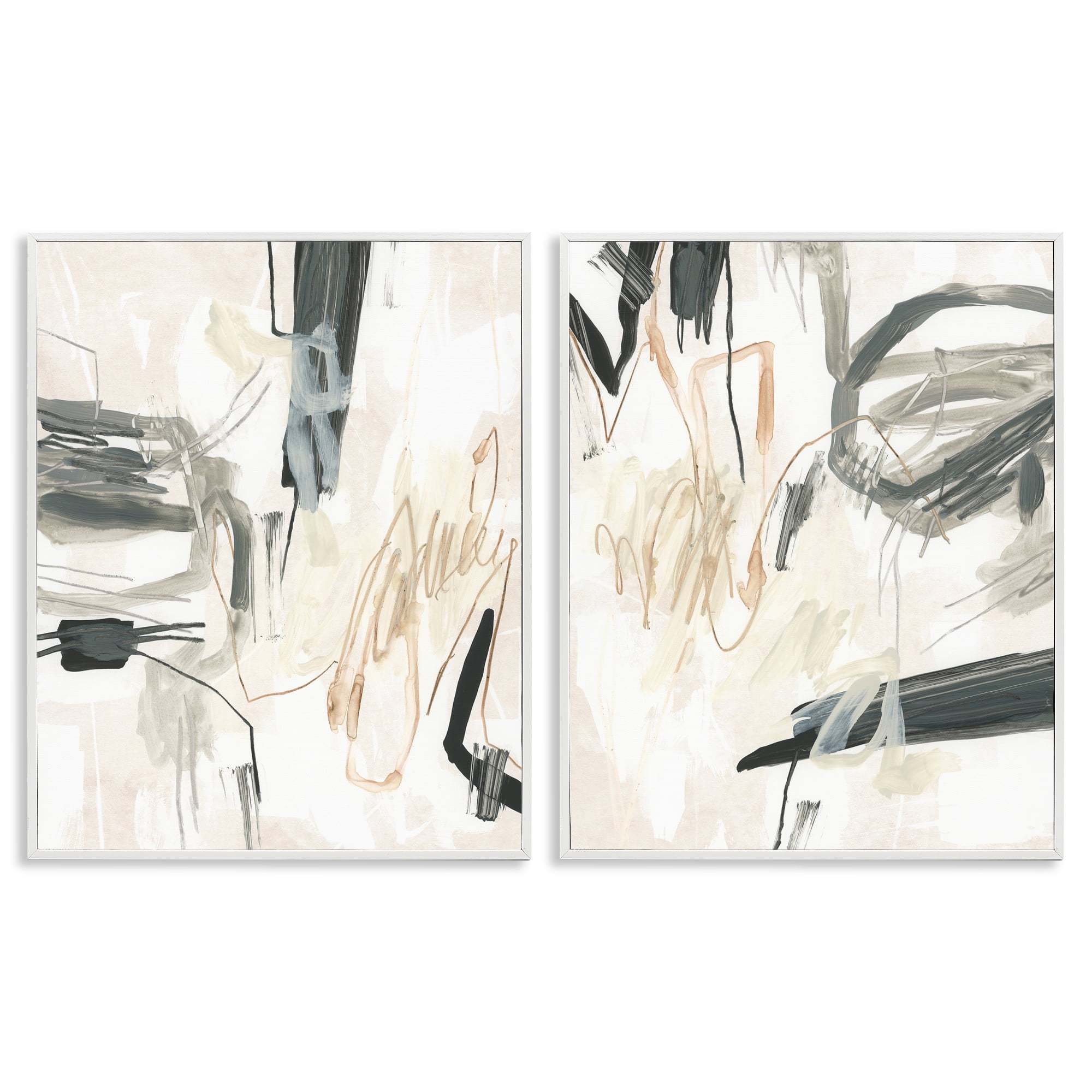 Stupell Industries Abstract Squiggly Beige Lines Abstract Painting White Framed Art Print Wall Art, 24 x 30, Set of 2