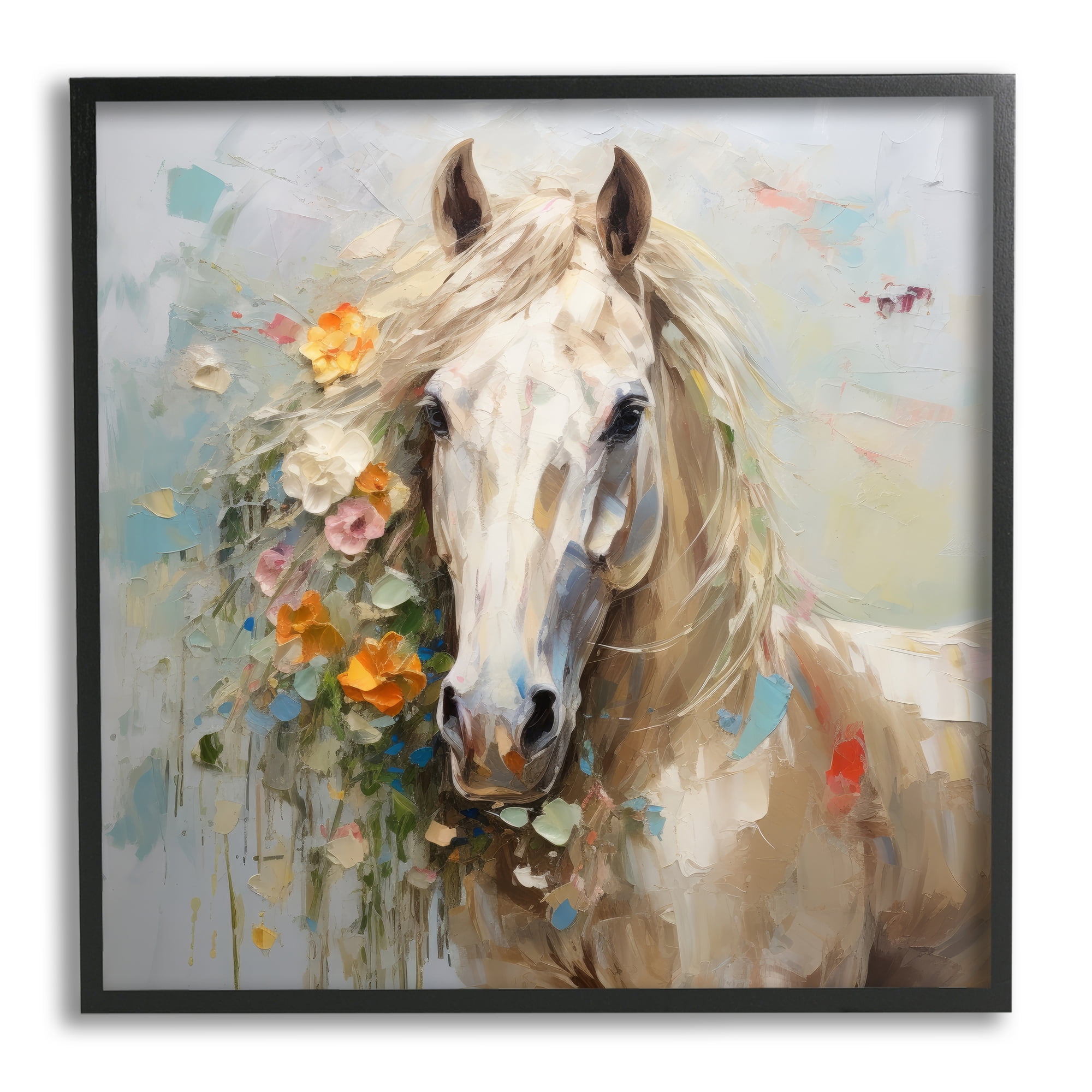 Stupell Industries Abstract Stallion with Flowers Animals & Insects Painting Black Framed Art Print Wall Art, 17 x 17