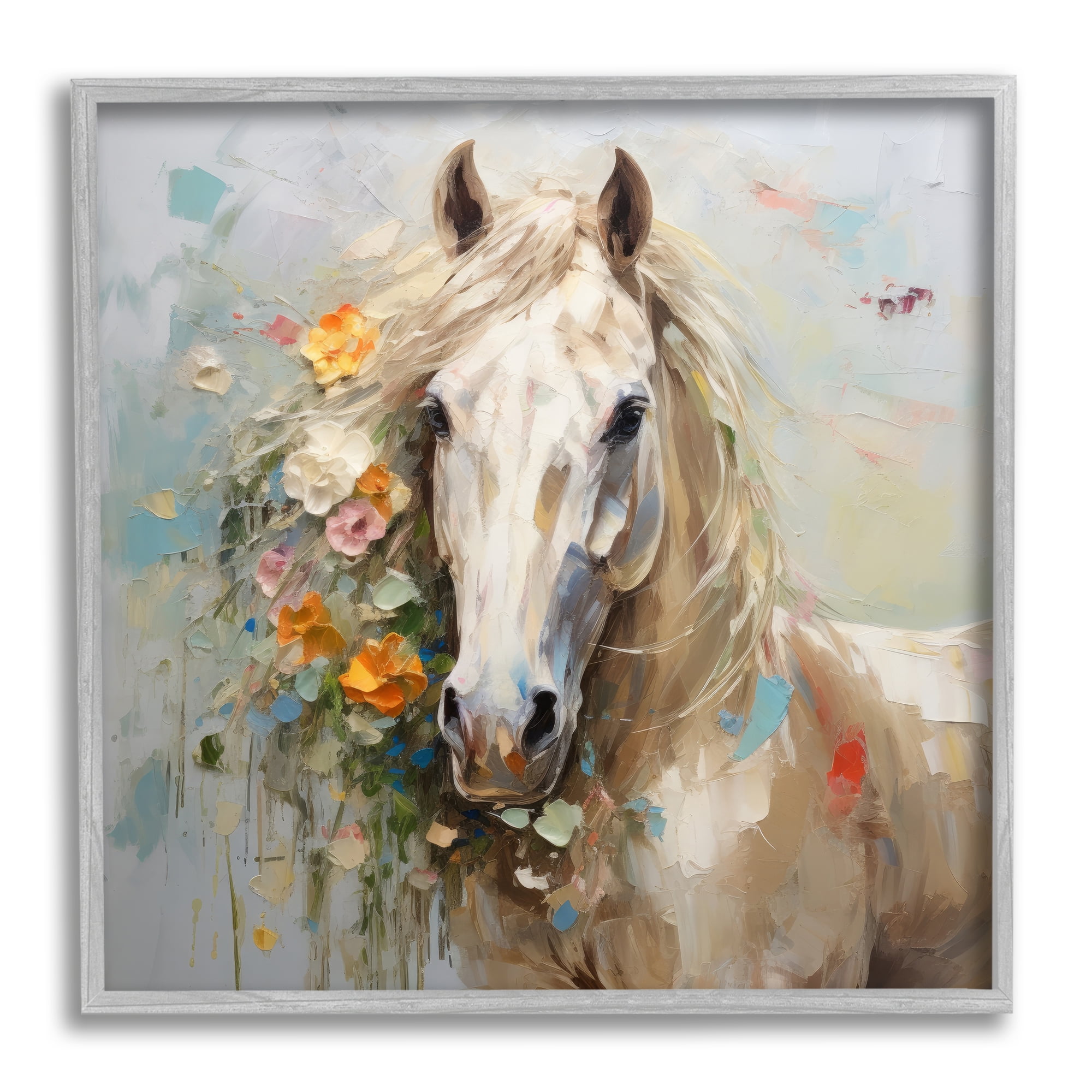 Stupell Industries Abstract Stallion with Flowers Animals & Insects Painting Gray Framed Art Print Wall Art, 24 x 24