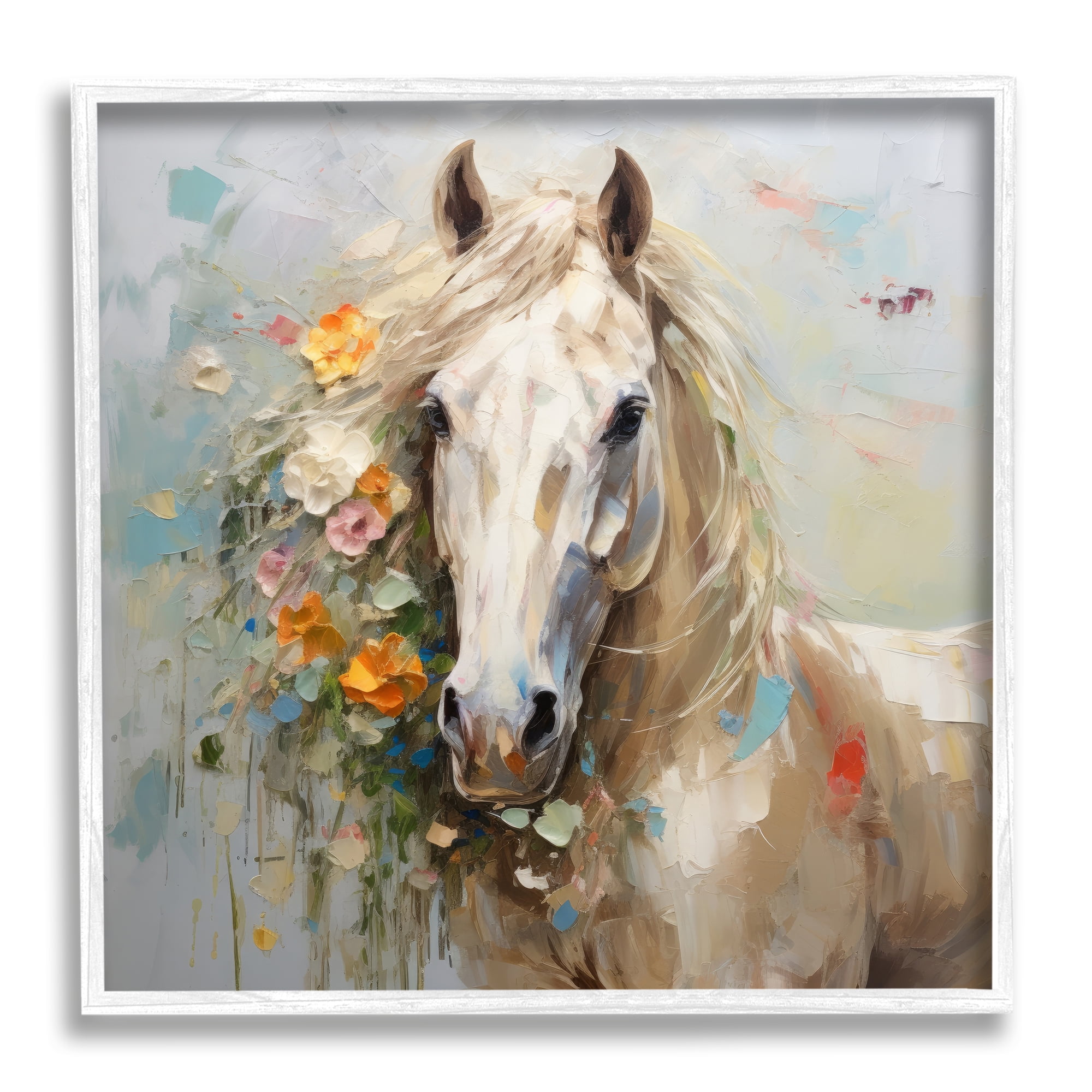 Stupell Industries Abstract Stallion with Flowers Animals & Insects Painting White Framed Art Print Wall Art, 24 x 24