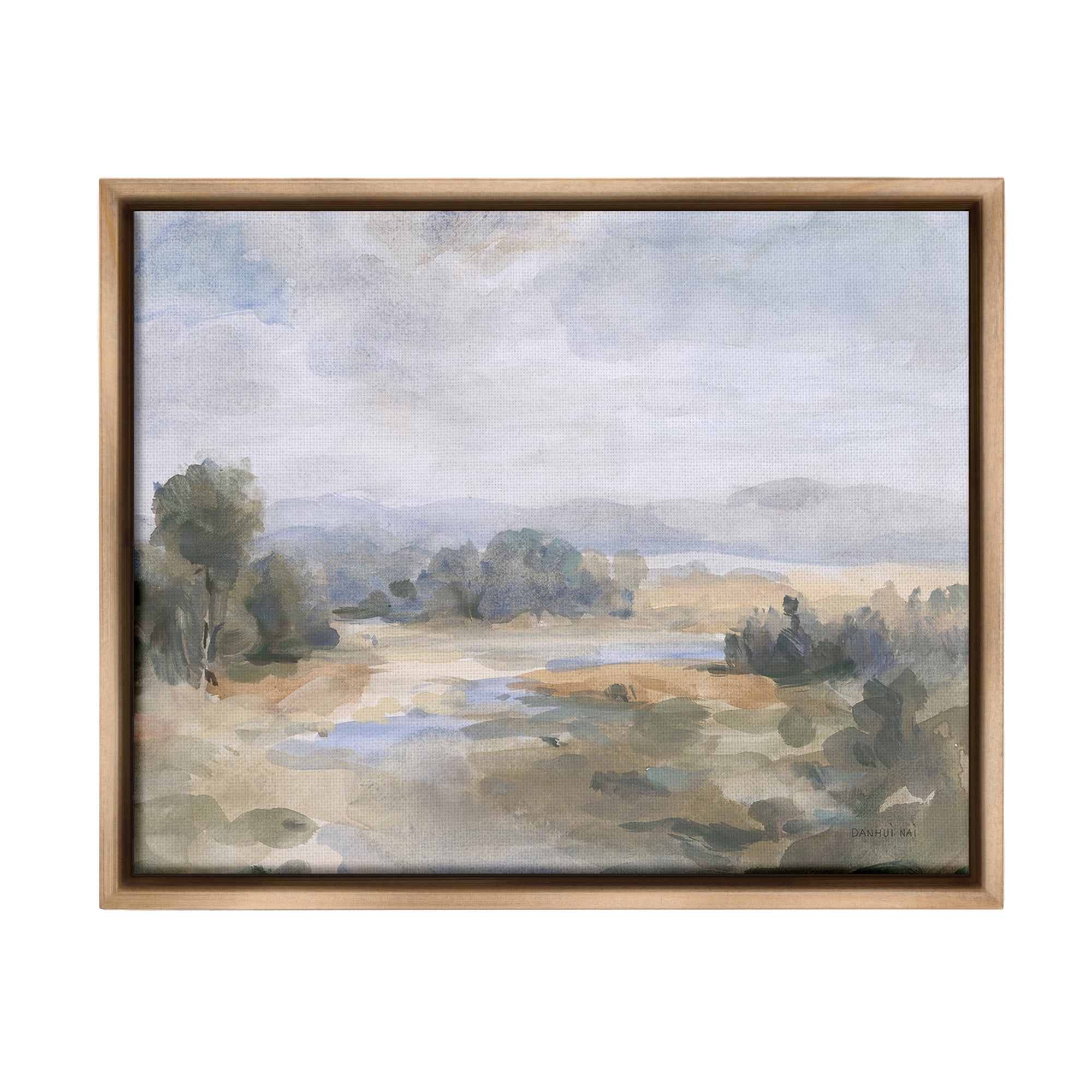 Stupell Industries Abstract Stream & Clouds Landscape Painting Brown Floater Framed Canvas Art Print Wall Art, 31 x 25
