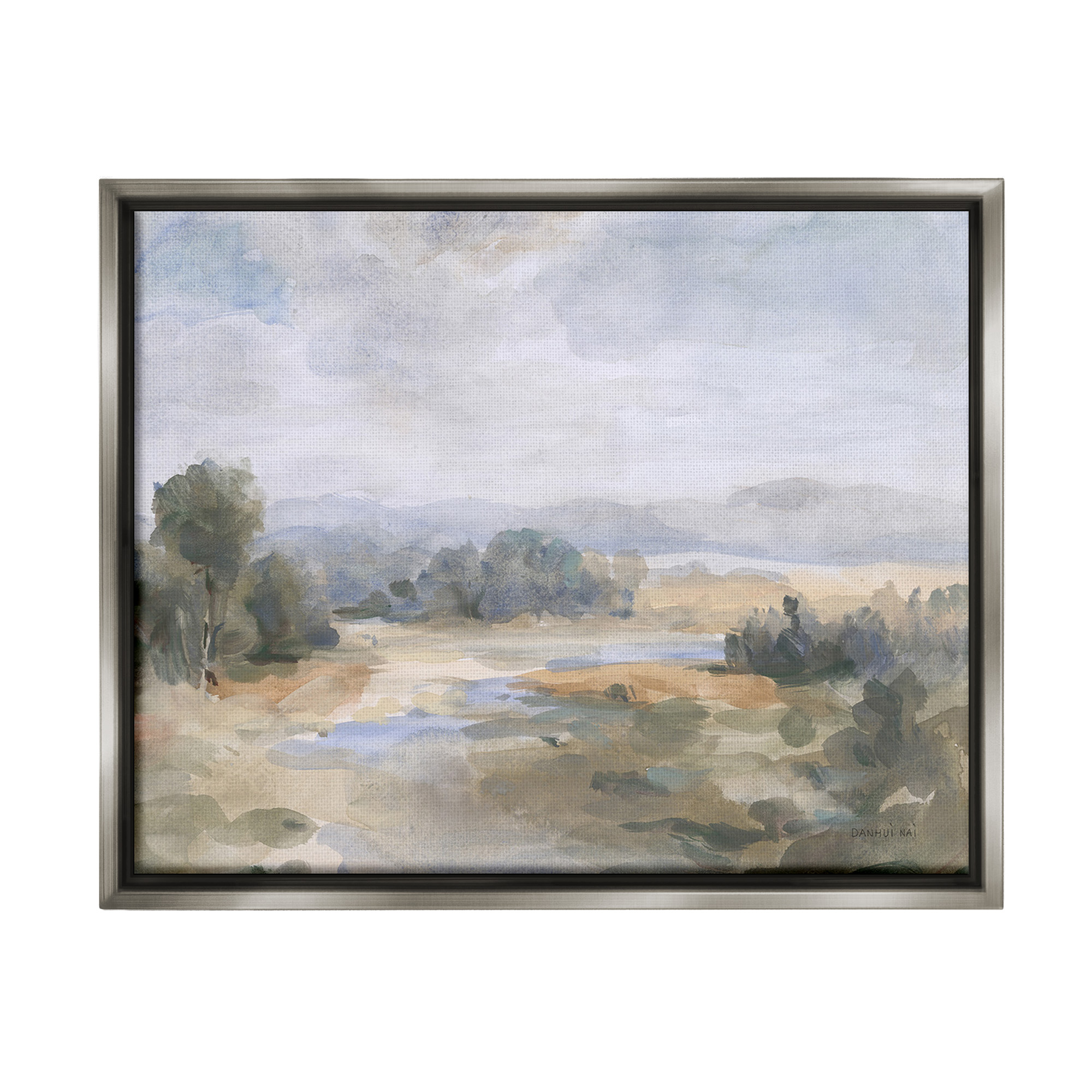 Stupell Industries Abstract Stream & Clouds Landscape Painting Gray Floater Framed Canvas Art Print Wall Art, 31 x 25