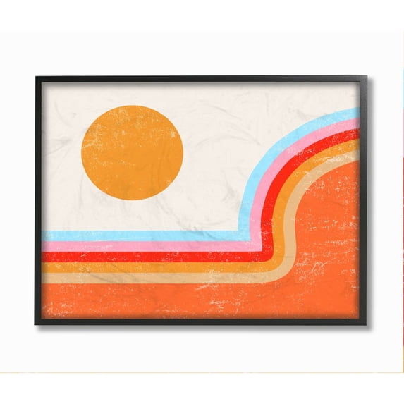 Stupell Industries Abstract Sun Over Striped Lines Blue Red Orange Framed Wall Art Design by Daphne Polselli, 11" x 14", Black Framed