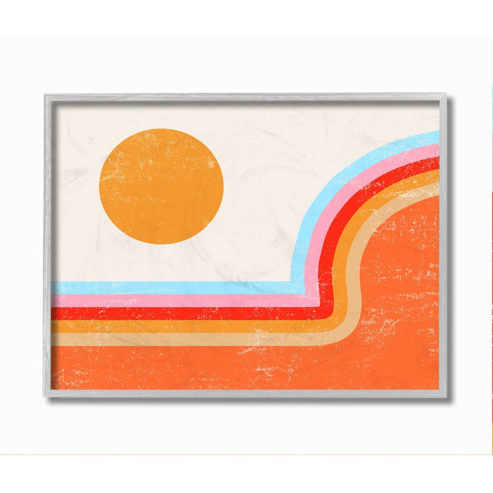 Stupell Industries Abstract Sun Over Striped Lines Blue Red Orange Framed Wall Art Design by Daphne Polselli, 11" x 14", Gray Framed