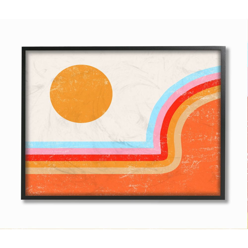 Stupell Industries Abstract Sun Over Striped Lines Blue Red Orange Framed Wall Art Design by Daphne Polselli, 16" x 20", Black Framed