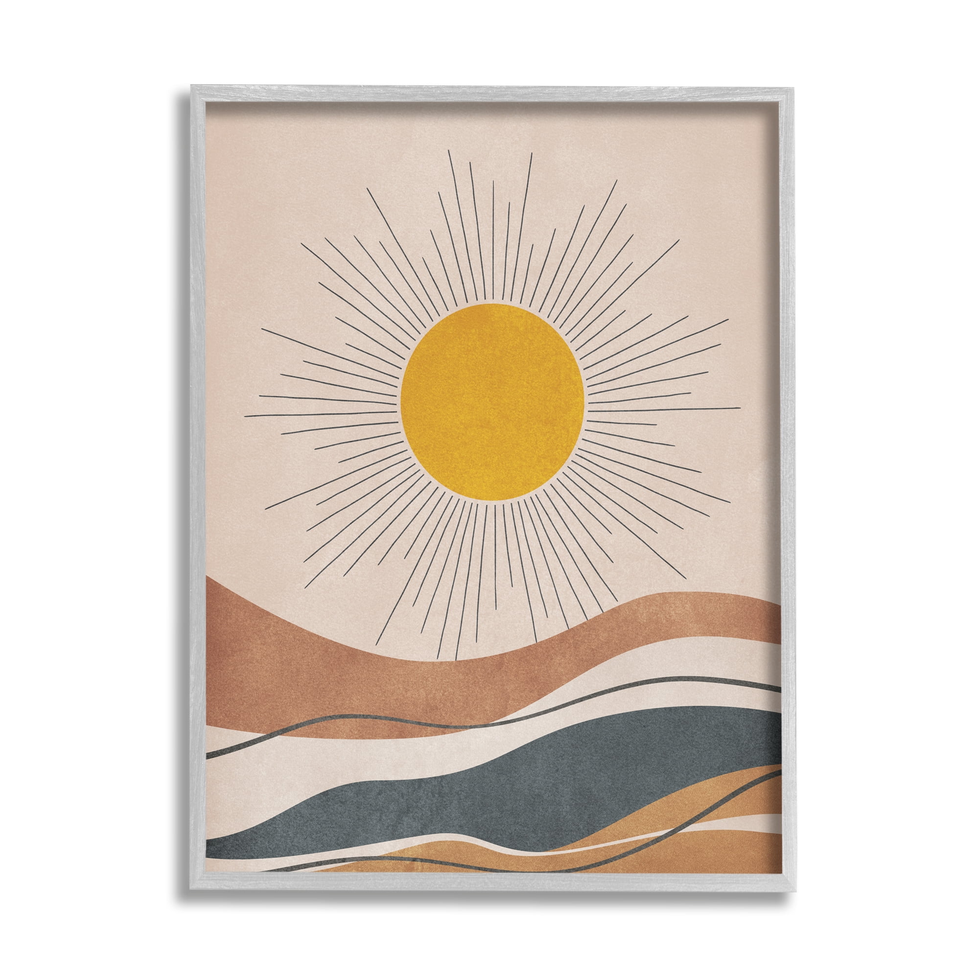 Abstract Sun and Desert Waves Gray Framed Wall Art