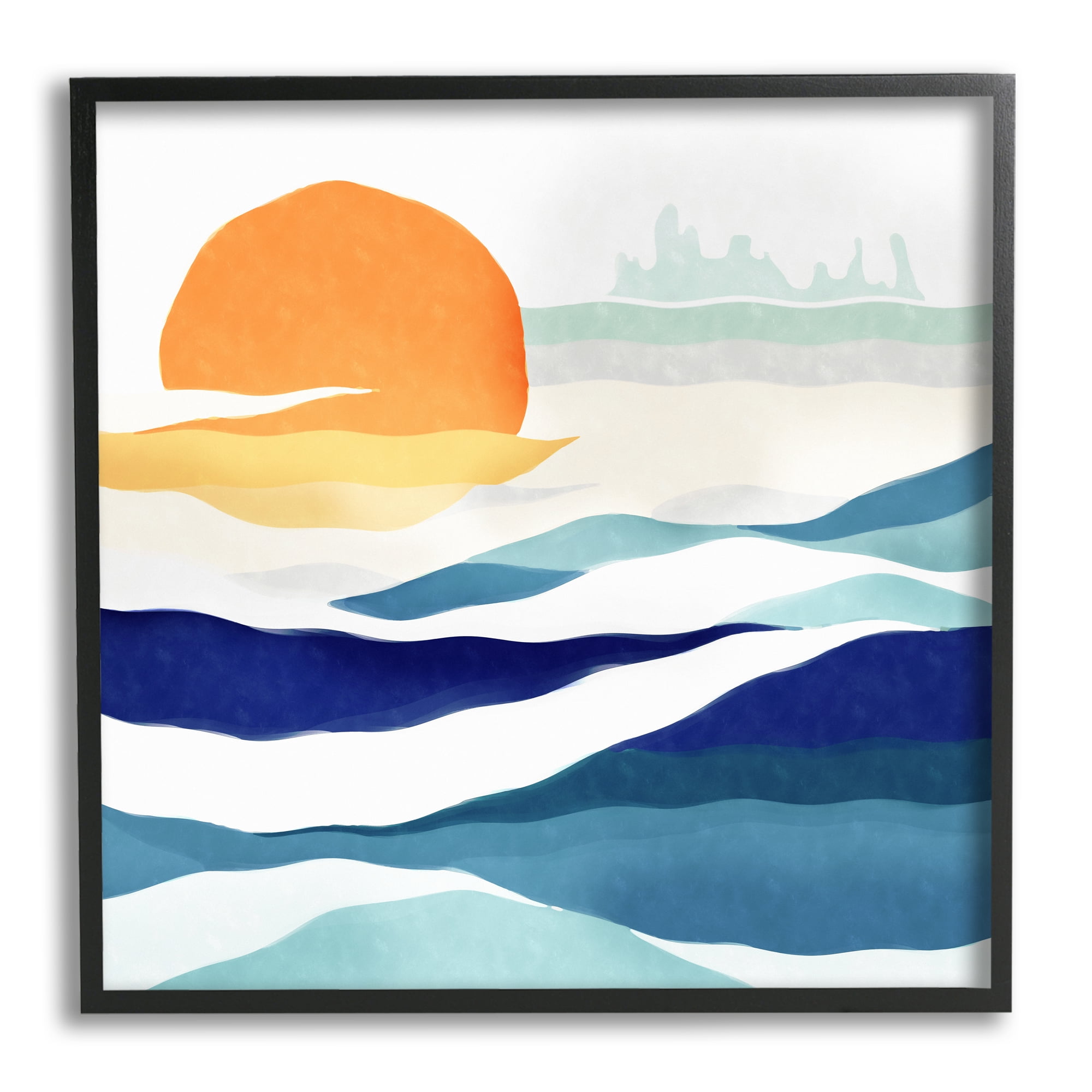 Stupell Industries Abstract Sun & Waves Landscape Painting Black Framed Art Print Wall Art, 24 x 24
