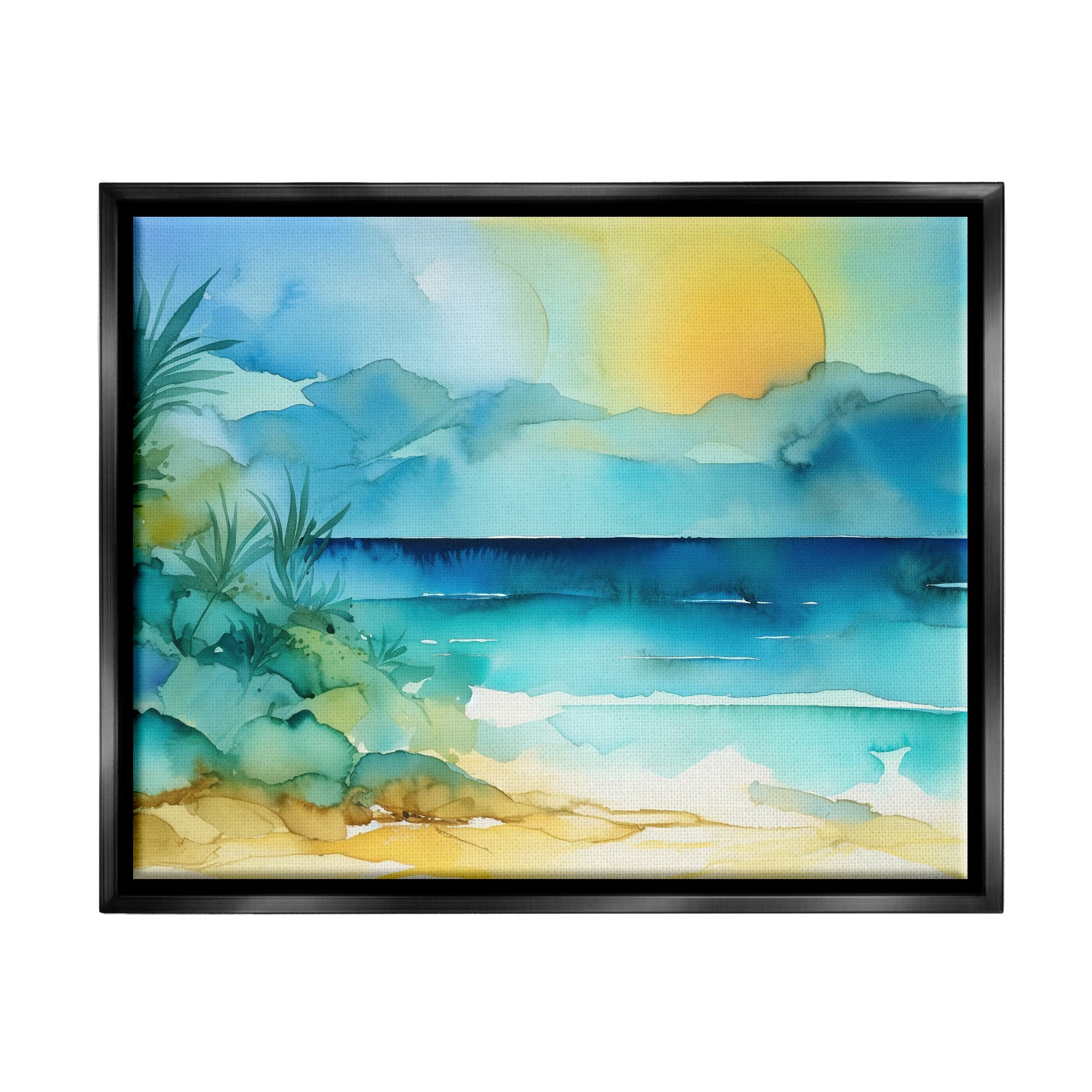 Stupell Industries Abstract Sun on Beach Landscape Painting Black Floater Framed Canvas Art Print Wall Art, 31 x 25