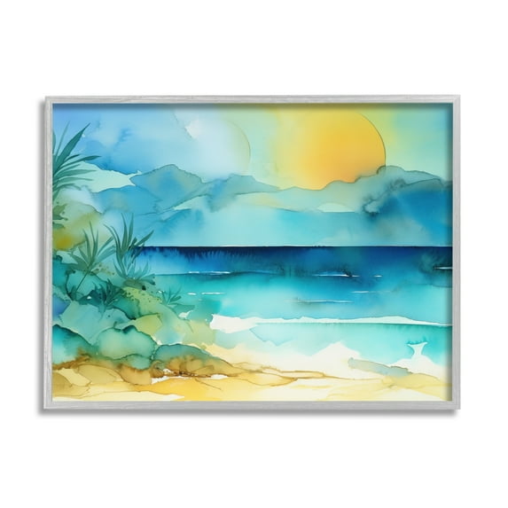 Stupell Industries Abstract Sun on Beach Landscape Painting Gray Framed Art Print Wall Art, 20 x 16