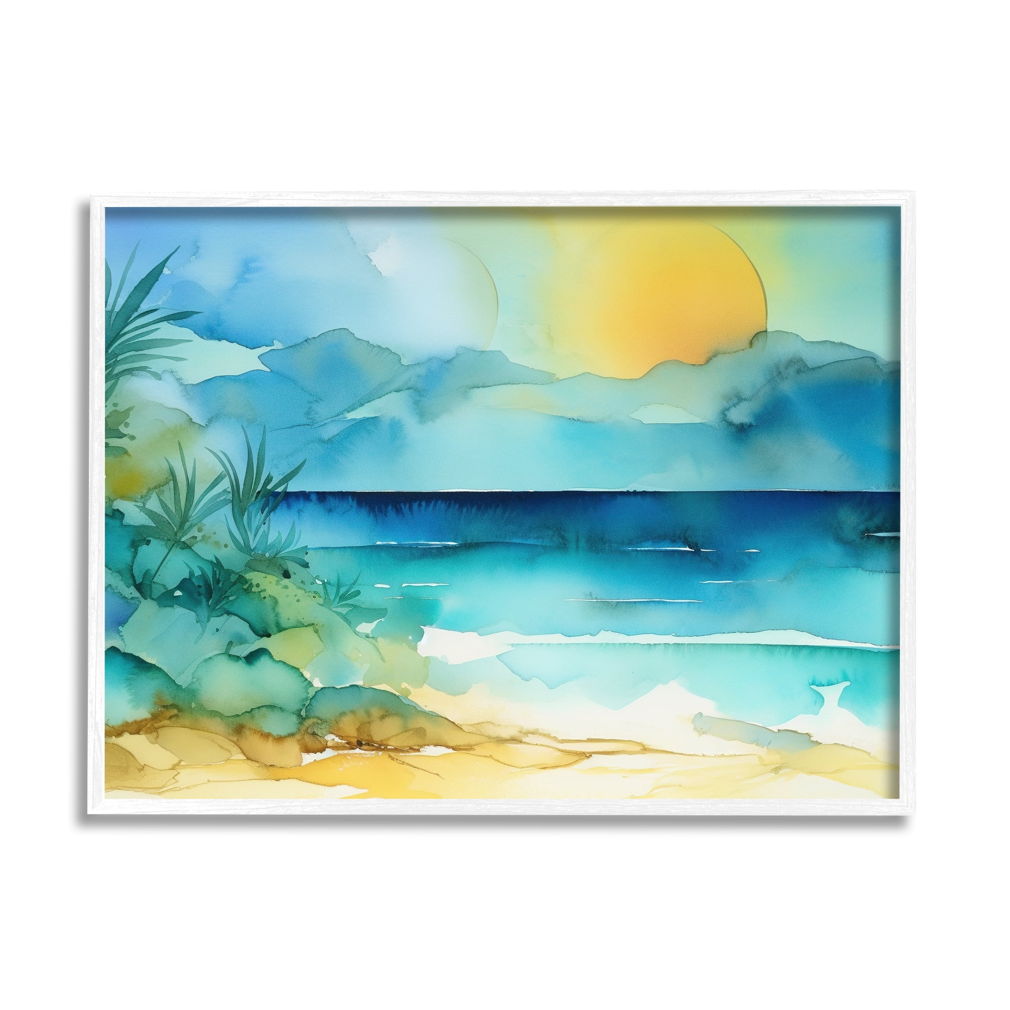 Stupell Industries Abstract Sun on Beach Landscape Painting White Framed Art Print Wall Art, 14 x 11