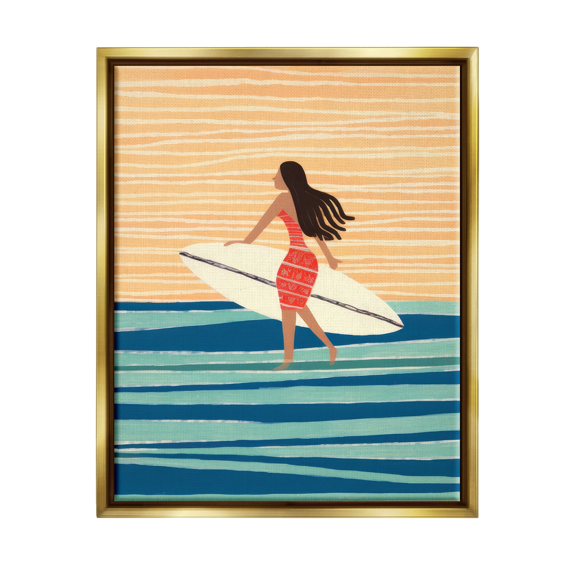 Stupell Industries Abstract Surfer Girl Abstract Painting Gold Floater Framed Canvas Art Print Wall Art, 25 x 31