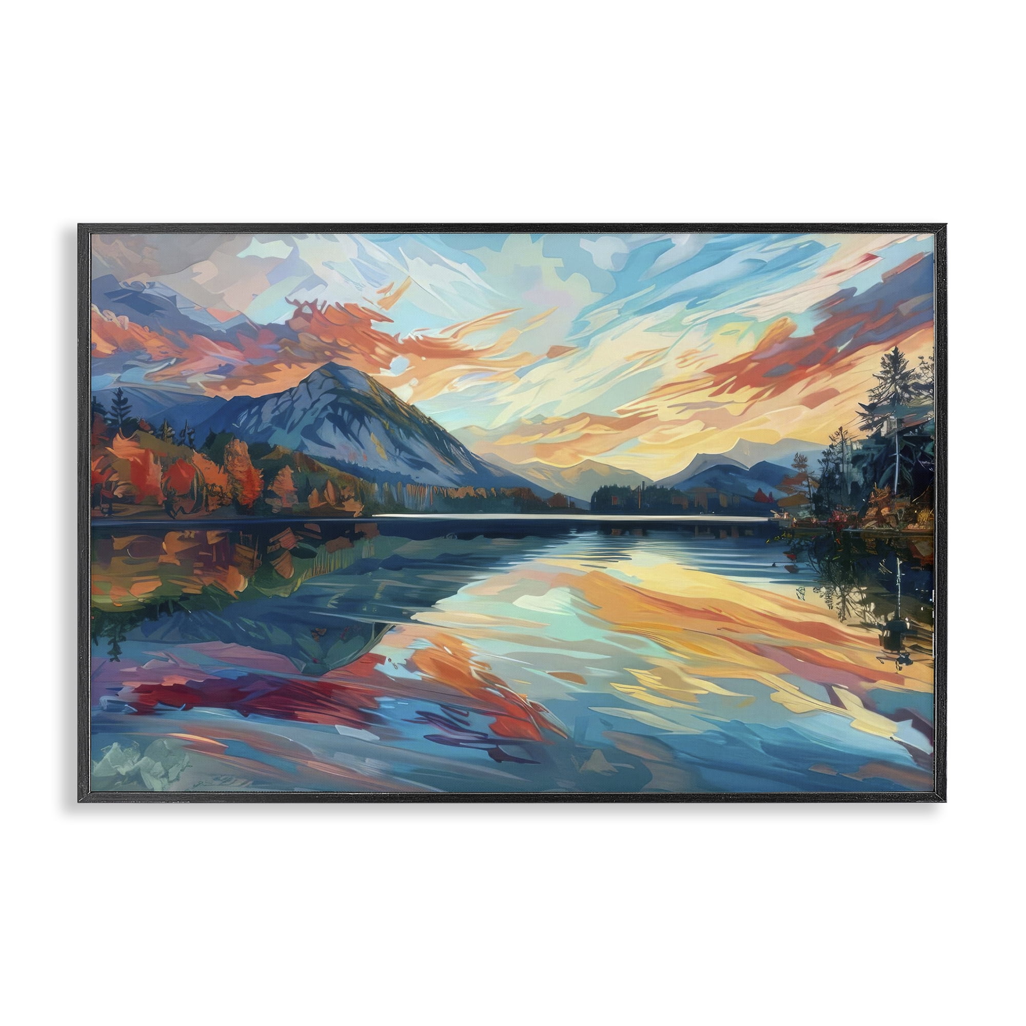 Stupell Industries Abstract Swirled Lake & Mountain Landscape & Nature Painting Black Framed Art Print Wall Art, 24 x 16