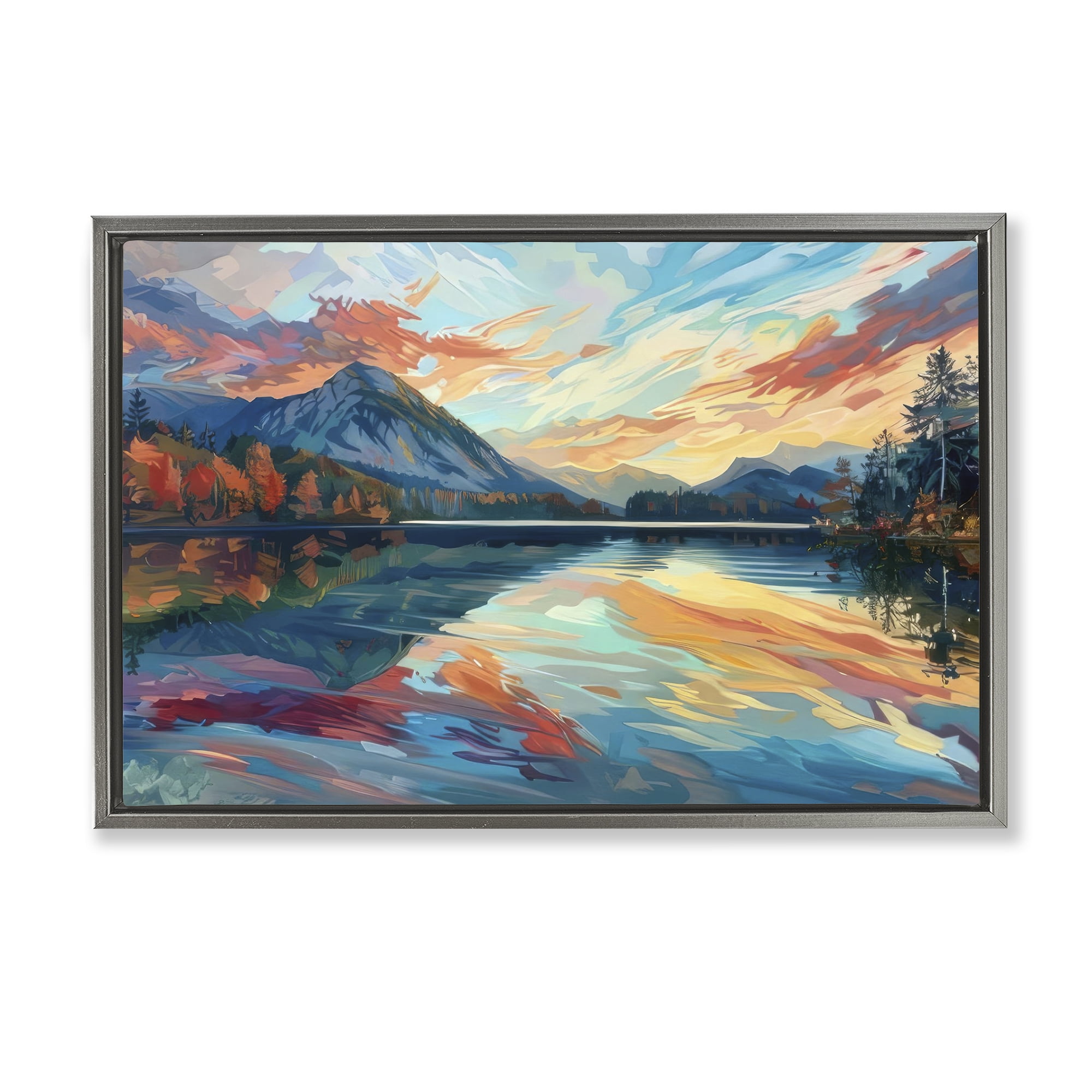 Stupell Industries Abstract Swirled Lake & Mountain Landscape & Nature Painting Gray Floater Framed Canvas Art Print Wall Art, 25 x 17