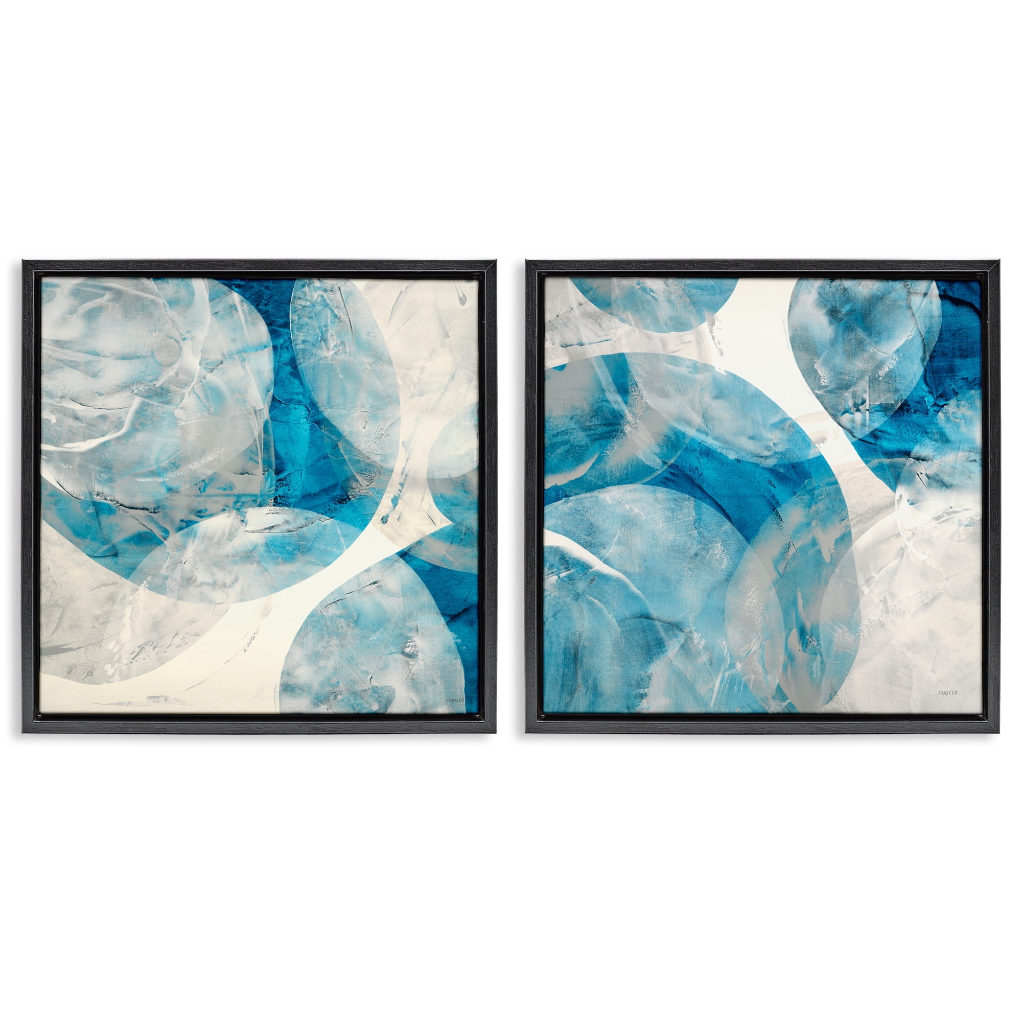 Stupell Industries Abstract Teal Cream Circles Abstract Painting Black Floater Framed Canvas Art Print Wall Art, 25 x 25, Set of 2