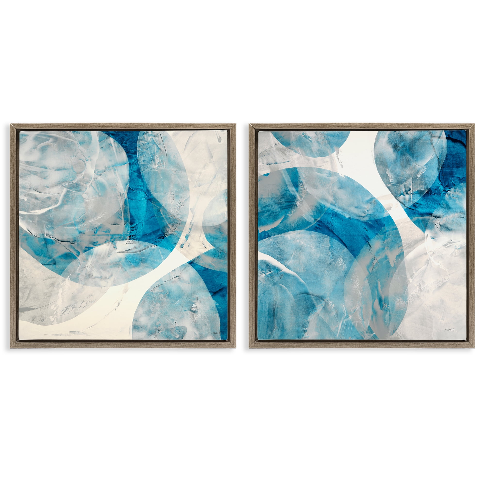 Stupell Industries Abstract Teal Cream Circles Abstract Painting Brown Floater Framed Canvas Art Print Wall Art, 18 x 18, Set of 2