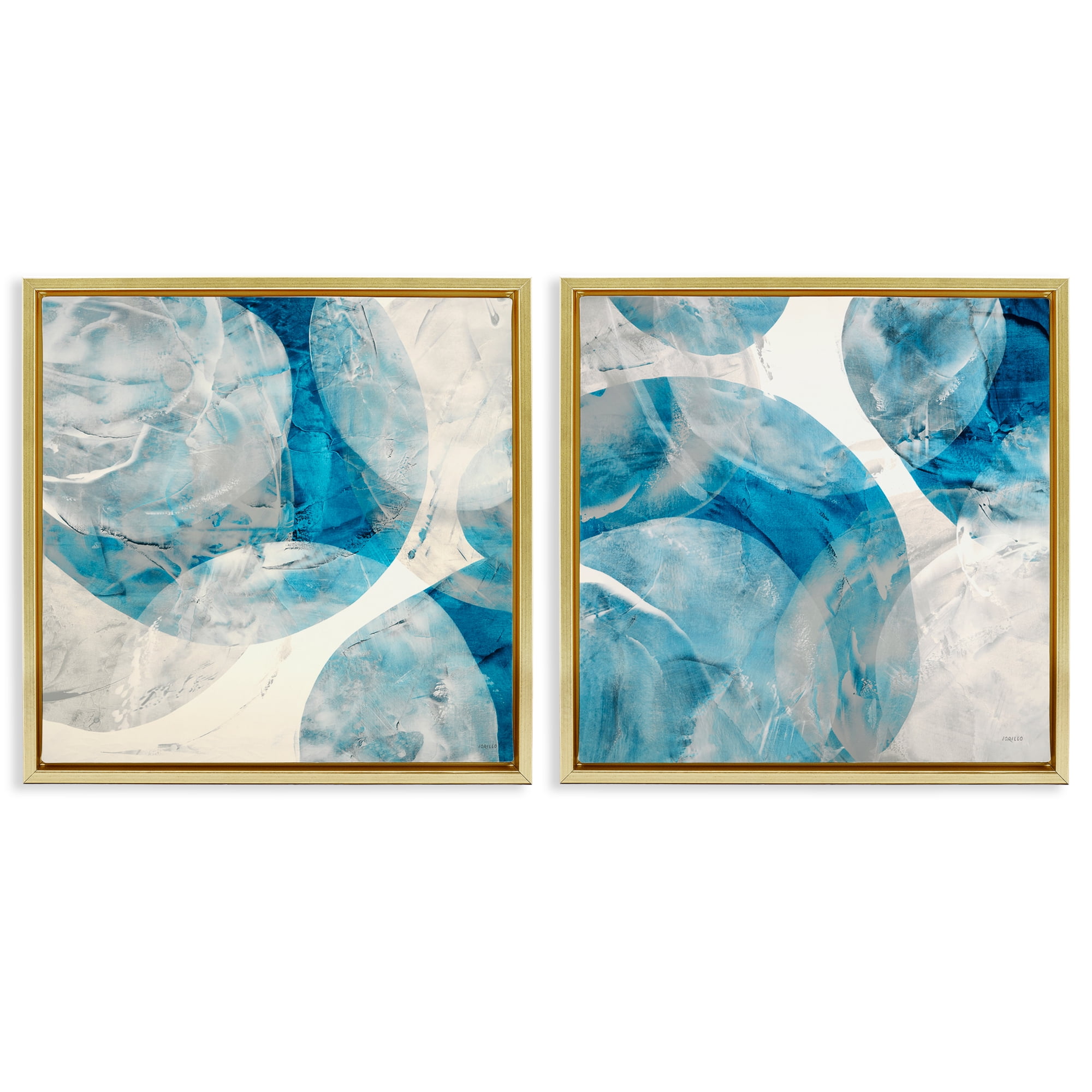 Stupell Industries Abstract Teal Cream Circles Abstract Painting Gold Floater Framed Canvas Art Print Wall Art, 18 x 18, Set of 2