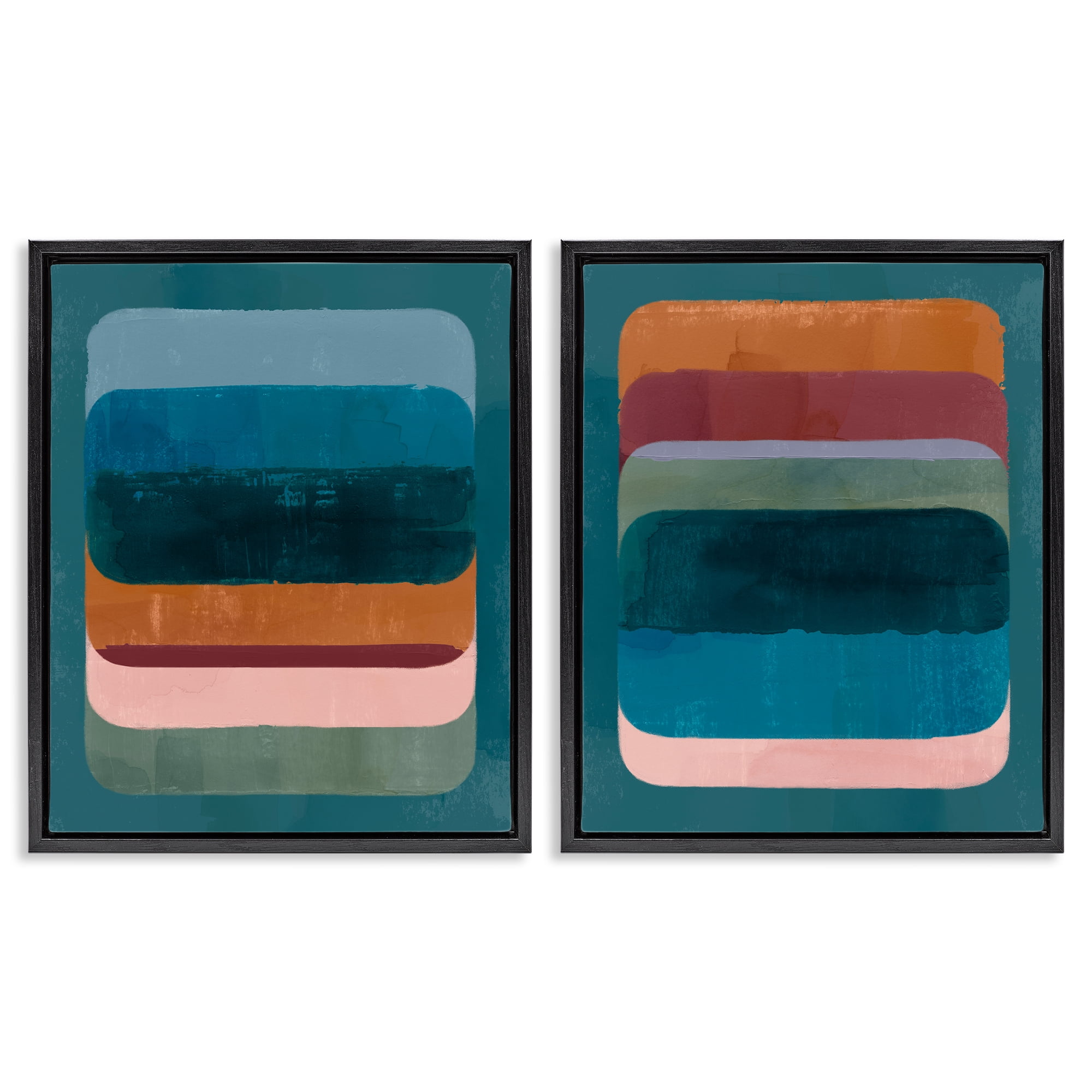 Stupell Industries Abstract Teal Stacked Colors Abstract Painting Black Floater Framed Canvas Art Print Wall Art, 17 x 21, Set of 2