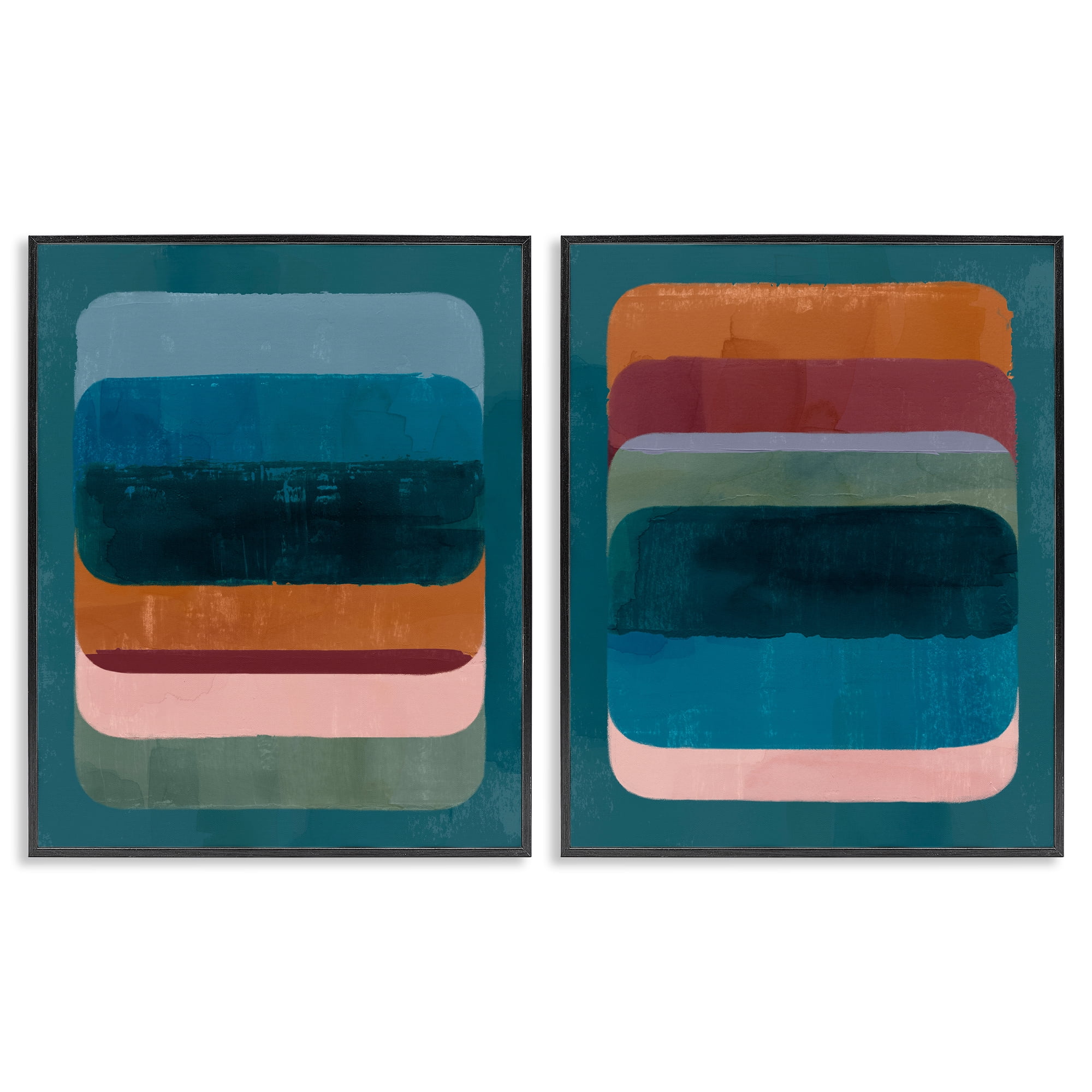 Stupell Industries Abstract Teal Stacked Colors Abstract Painting Black Framed Art Print Wall Art, 11 x 14, Set of 2