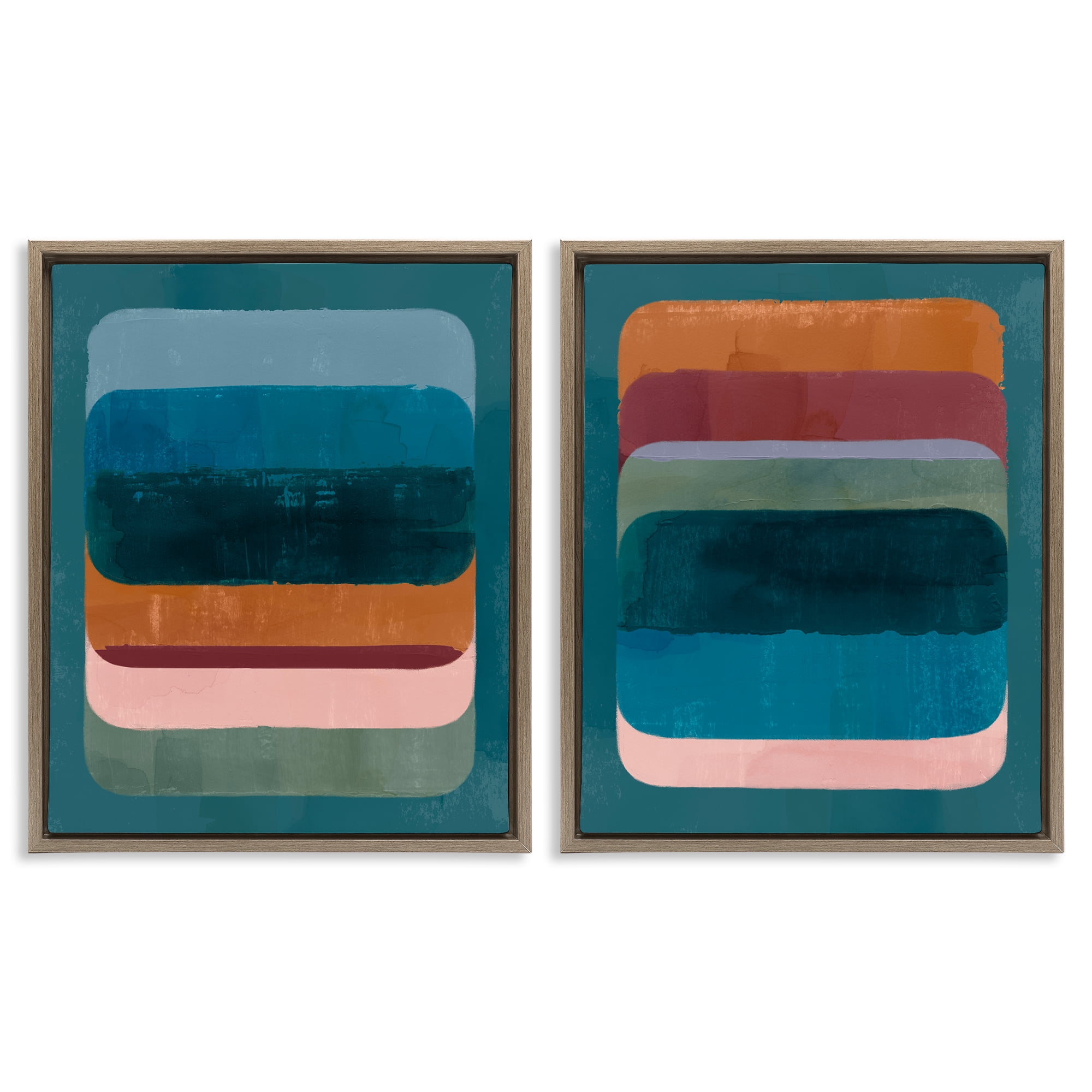 Stupell Industries Abstract Teal Stacked Colors Abstract Painting Brown Floater Framed Canvas Art Print Wall Art, 17 x 21, Set of 2