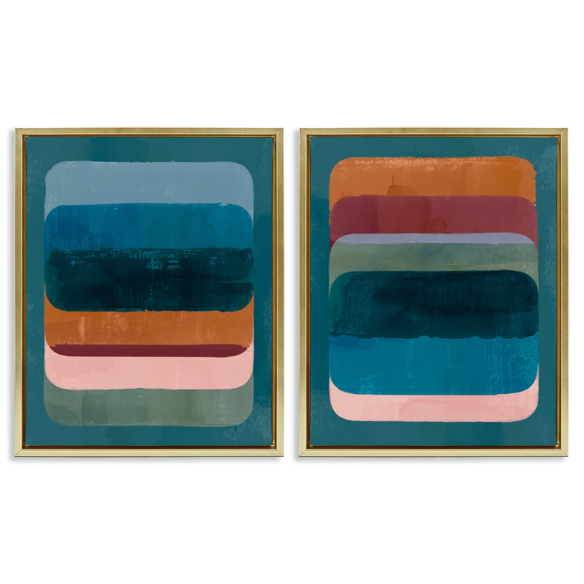 Stupell Industries Abstract Teal Stacked Colors Abstract Painting Gold Floater Framed Canvas Art Print Wall Art, 31 x 25, Set of 2