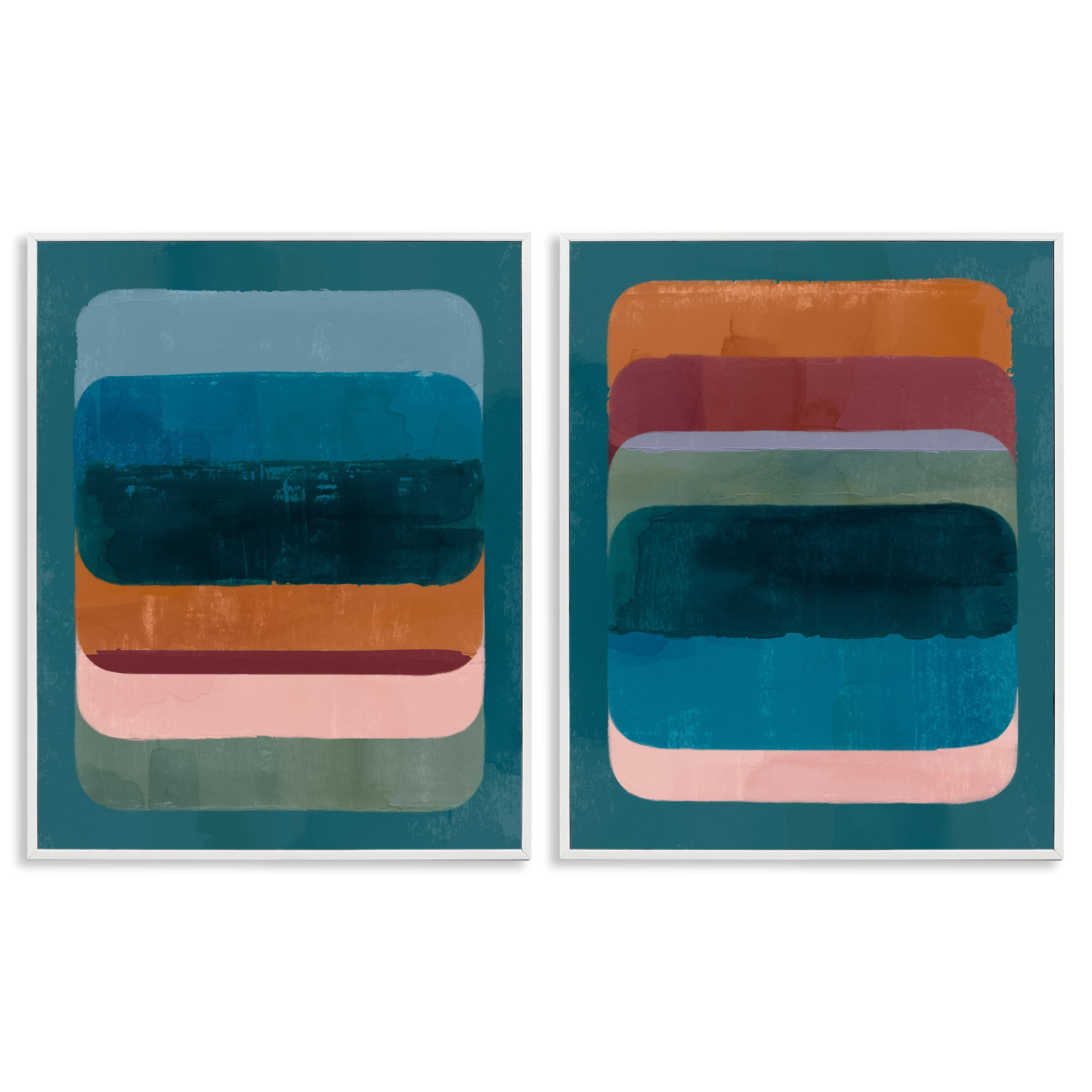 Stupell Industries Abstract Teal Stacked Colors Abstract Painting White Framed Art Print Wall Art, 16 x 20, Set of 2