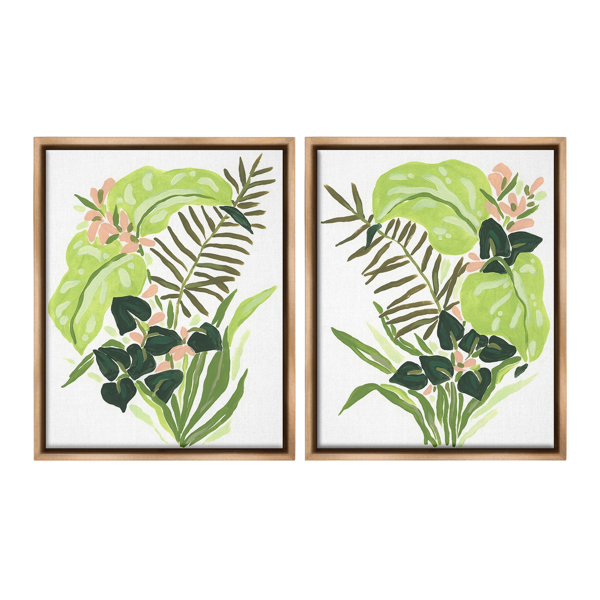 Stupell Industries Abstract Tropical Blooms Botanical & Floral Painting Brown Floater Framed Canvas Art Print Wall Art, 17 x 21, Set of 2