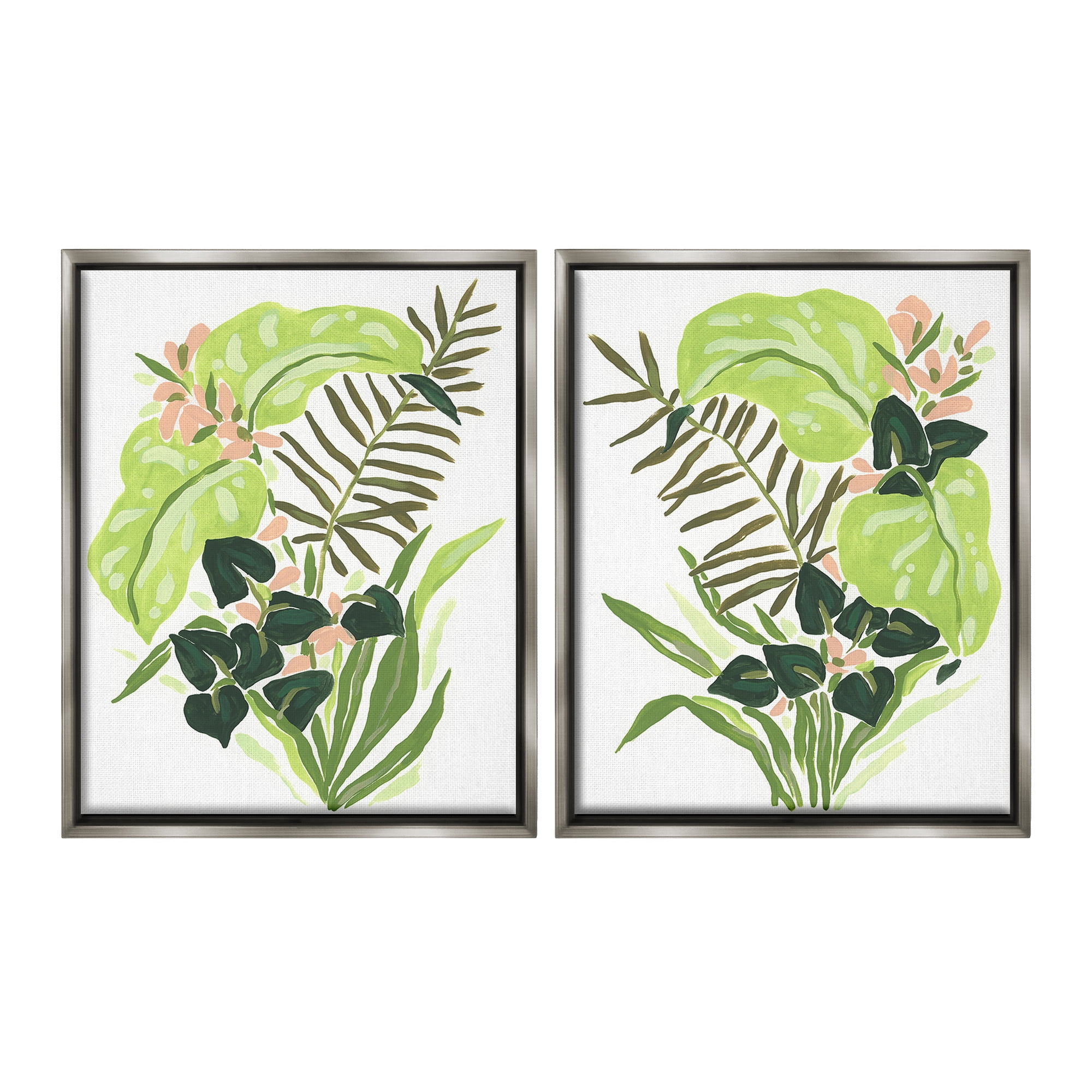 Stupell Industries Abstract Tropical Blooms Botanical & Floral Painting Gray Floater Framed Canvas Art Print Wall Art, 17 x 21, Set of 2