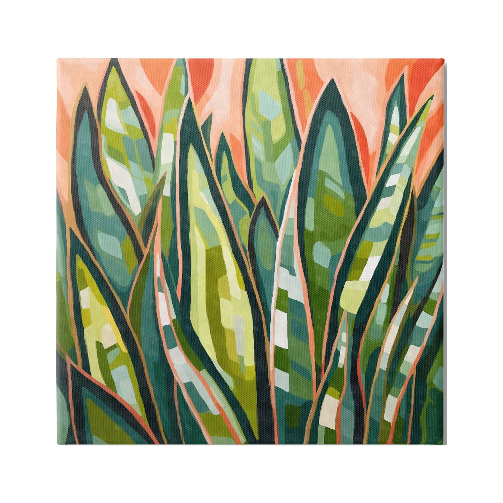 Large Green and Orange Abstract Tropical Leaves Canvas Art