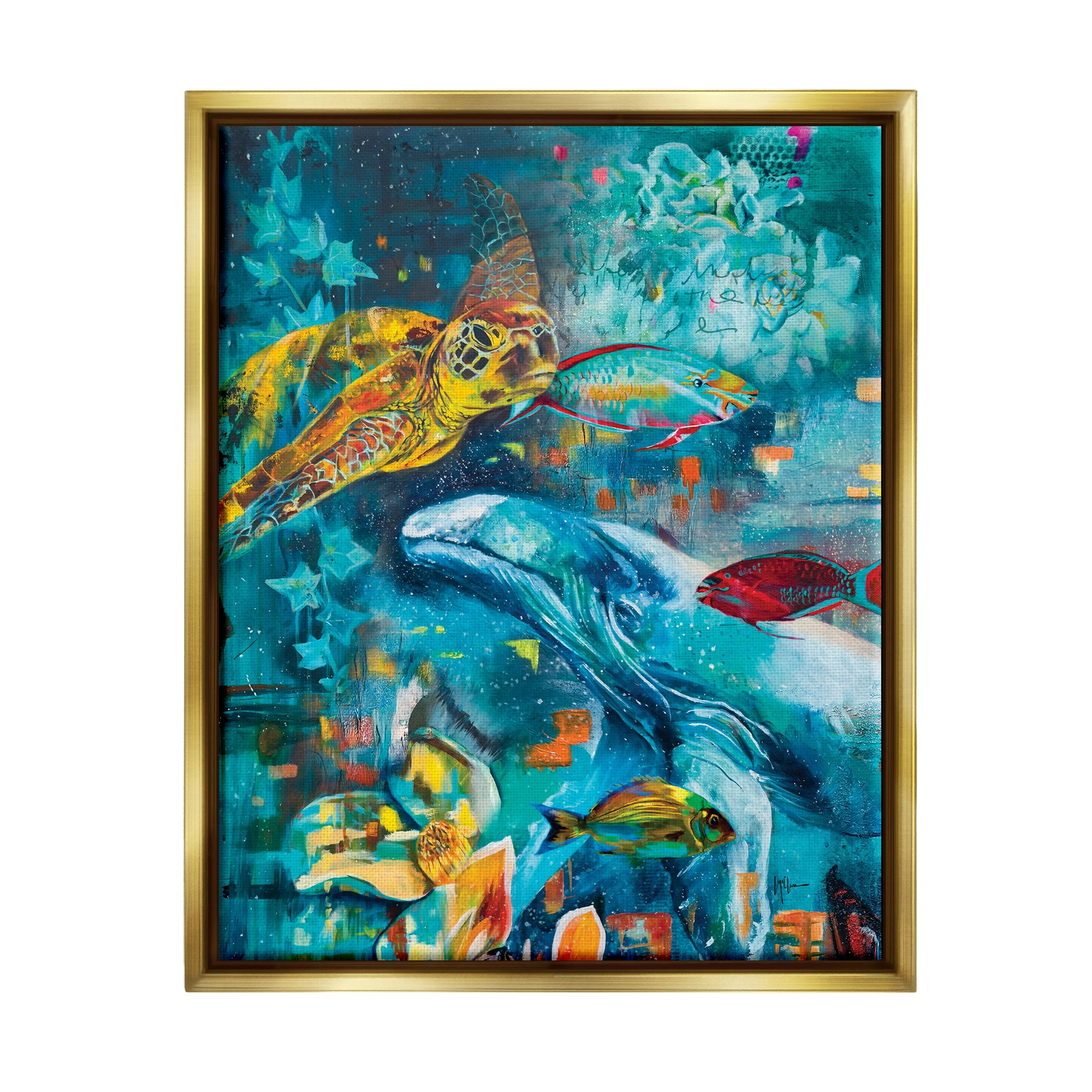 Stupell Industries Abstract Underwater Creatures Animals & Insects Painting Gold Floater Framed Canvas Art Print Wall Art, 25 x 31