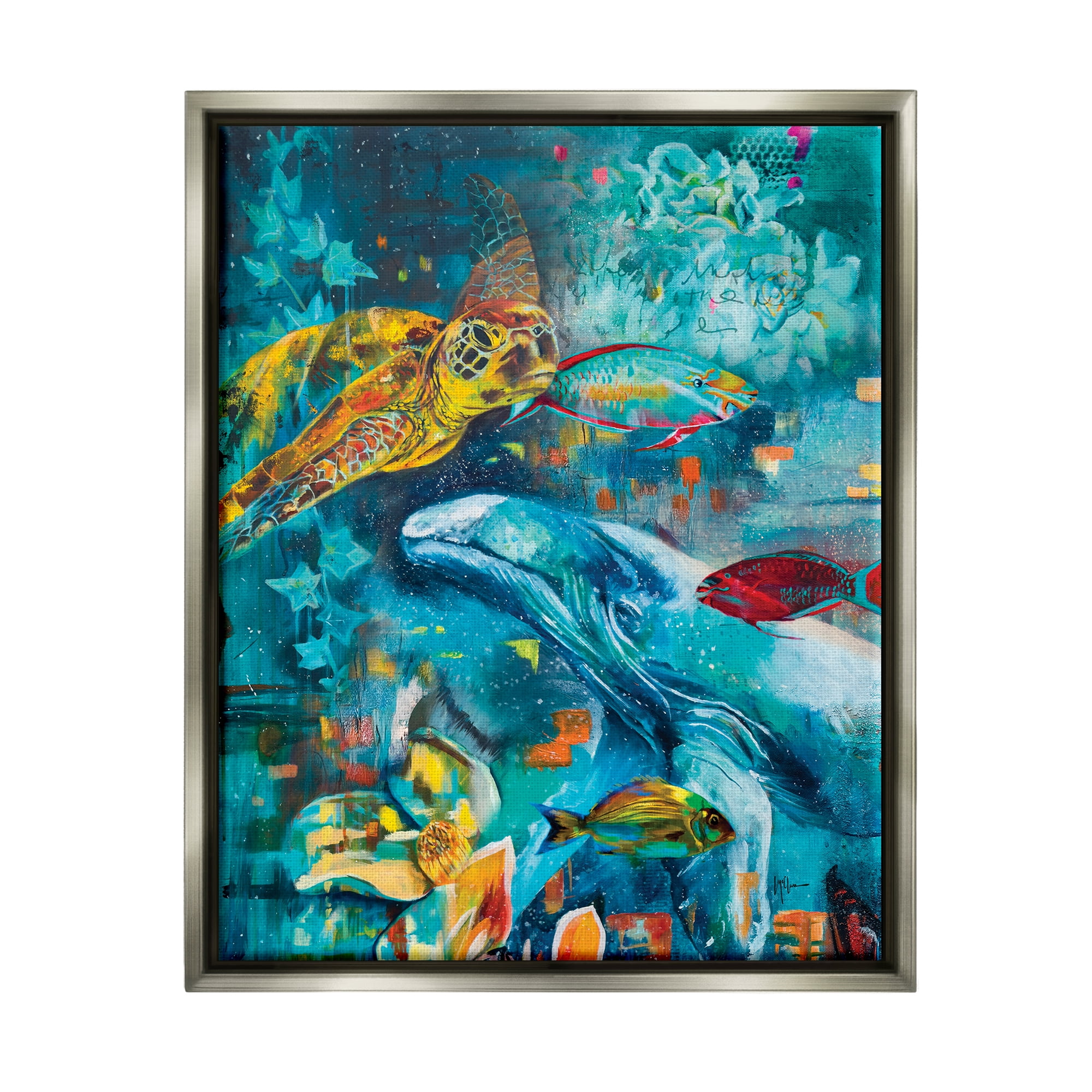 Stupell Industries Abstract Underwater Creatures Animals & Insects Painting Gray Floater Framed Canvas Art Print Wall Art, 25 x 31